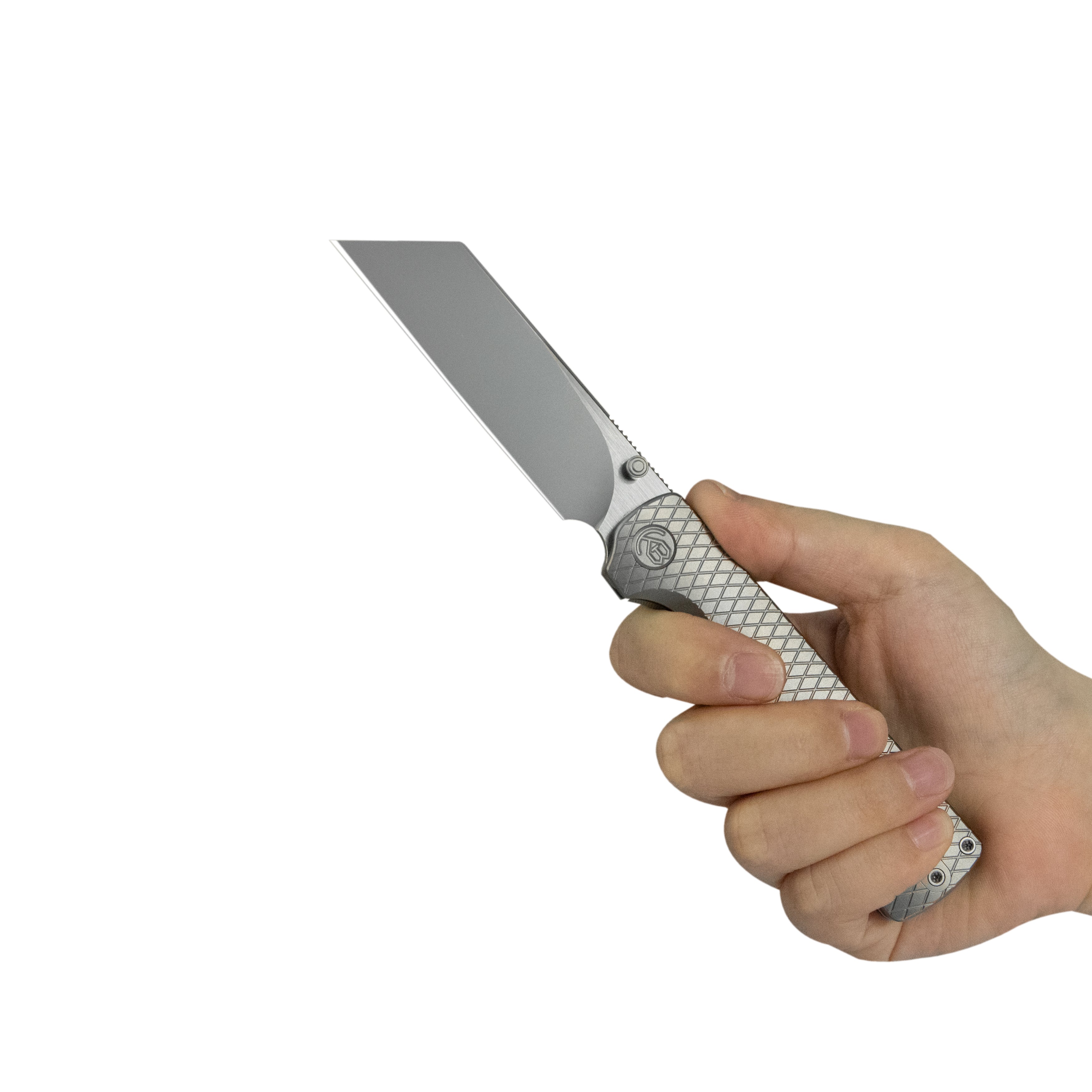 KB Get Some Frame Lock Folding Knife Sandblast Titanium Handle 3.35" Satin & Silver Bead Blast M390 Blade KB445A