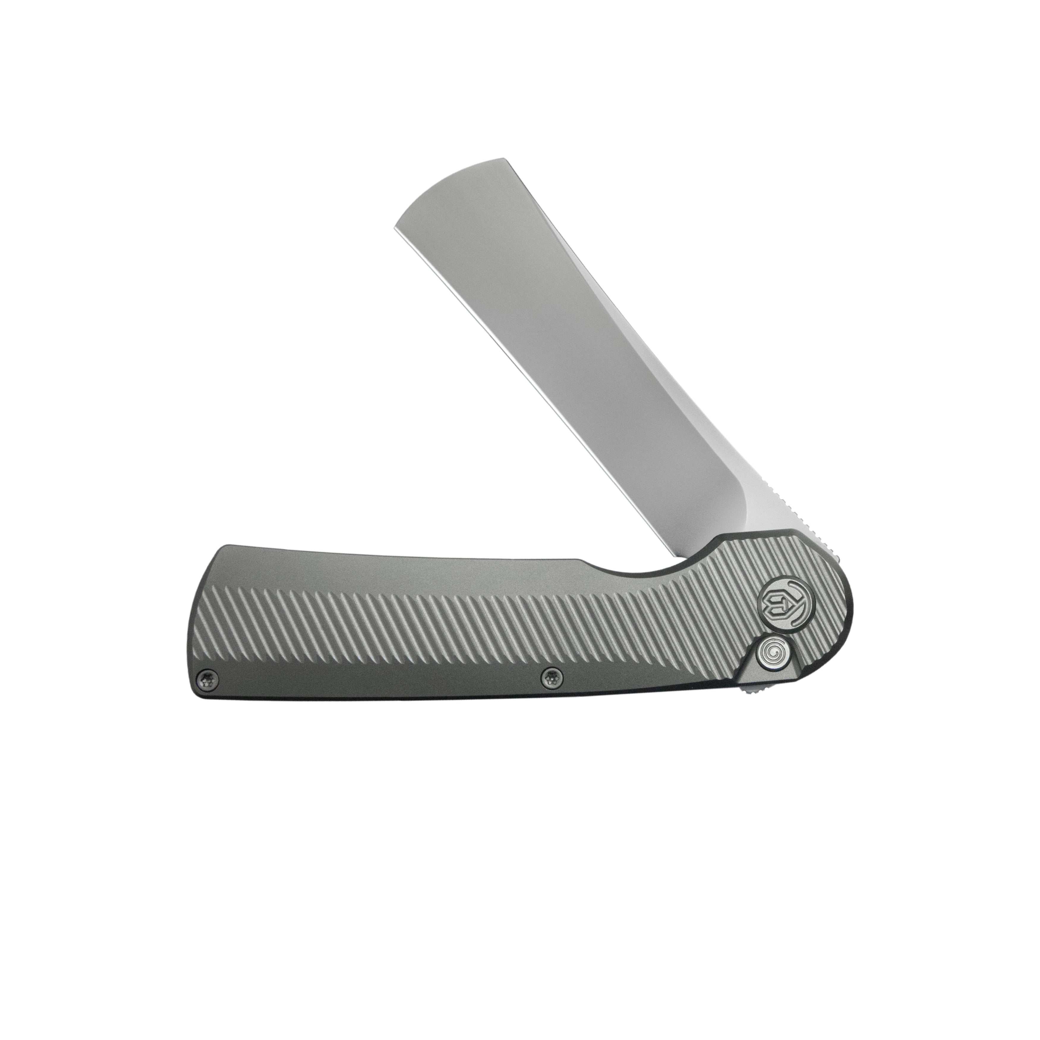KB Ikul Button Lock Folding Knife Gray Titanium Micro Milling 3.34'' Razor Bead Blasted M390 Blade KB380A