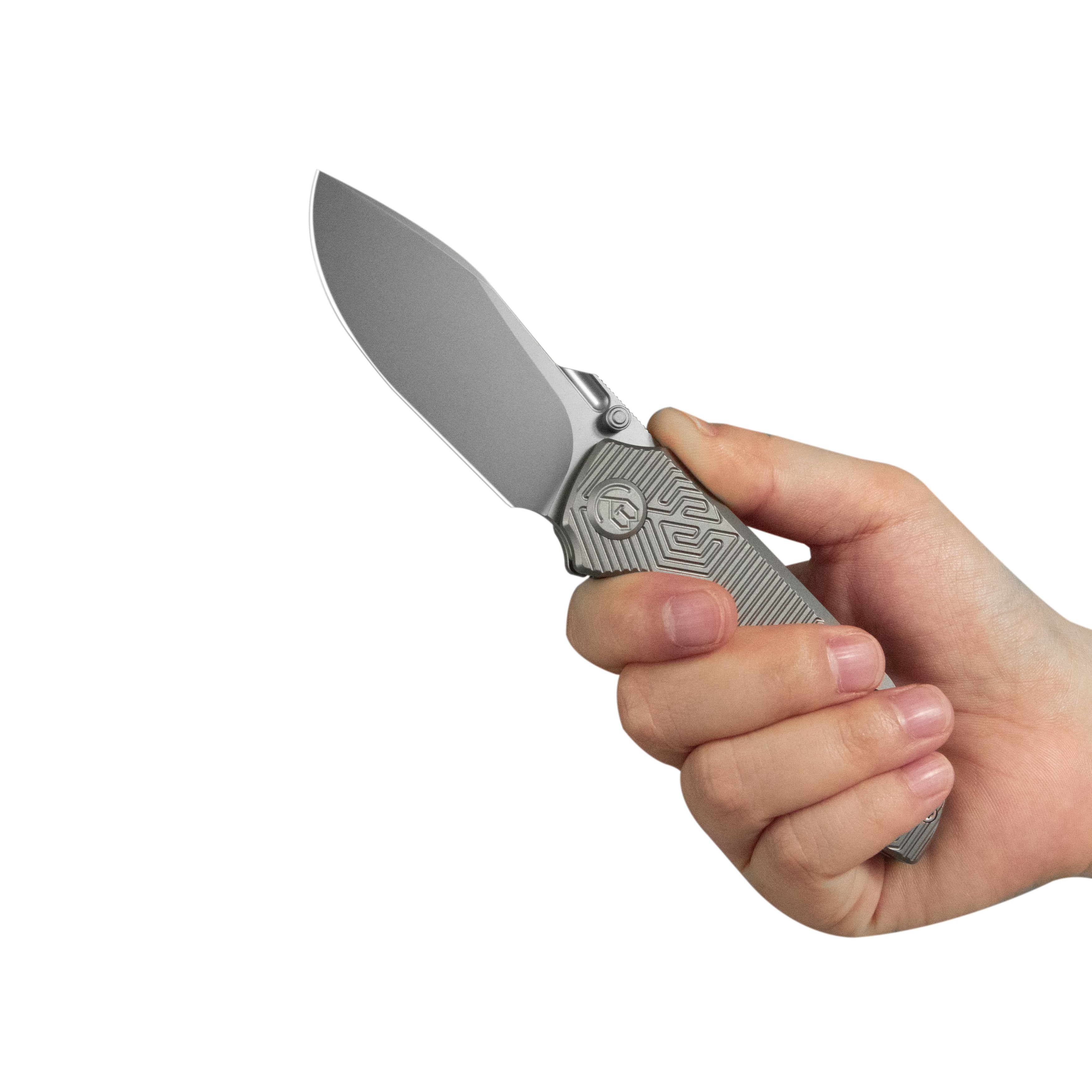 KB Agera Frame Lock Pocket Folding Knife Gray Titanium w/ Maze Pattern Milling Handle 3.03'' Beadblast M390 Blade KB437A