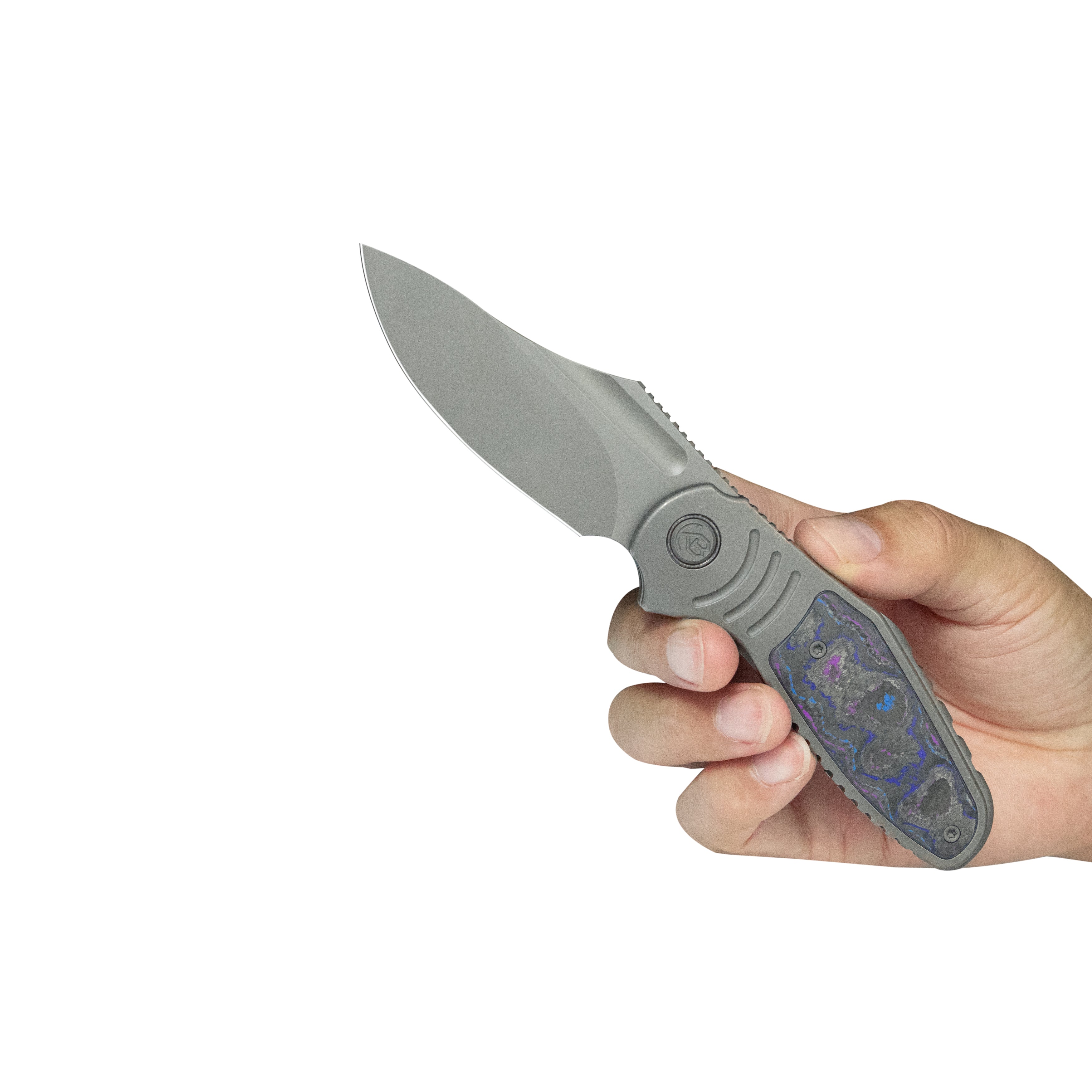 KB Stroller Folding Knife Gray Titanium/CF Inlays Handle 3.35" Darkwash CPM 20CV Blade KB384B