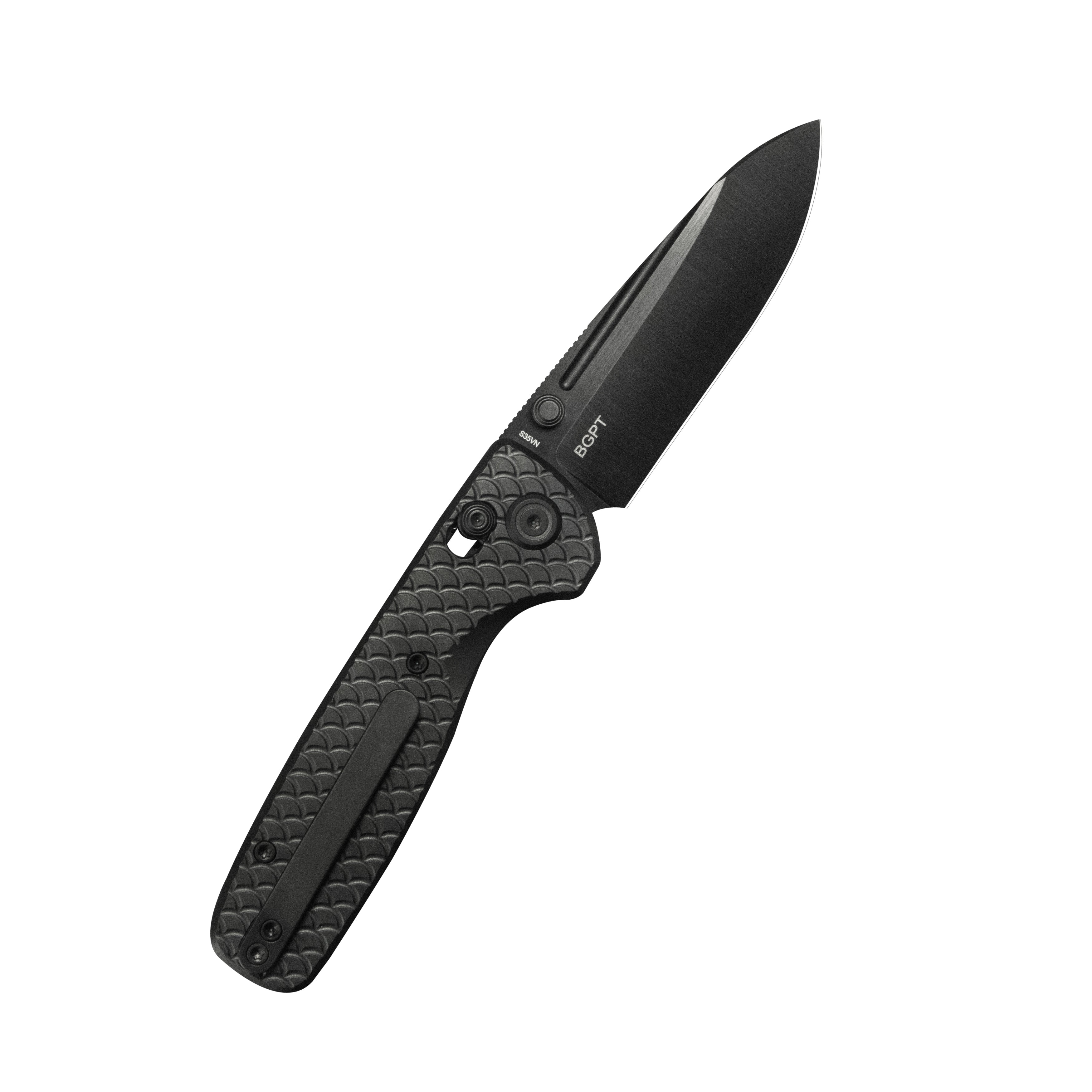 KB Bluff Folding Knife Regular DLC Ti w/ Fish Scales Milling Handle 3.19" Belt Satin DLC S35VN Blade KB383E