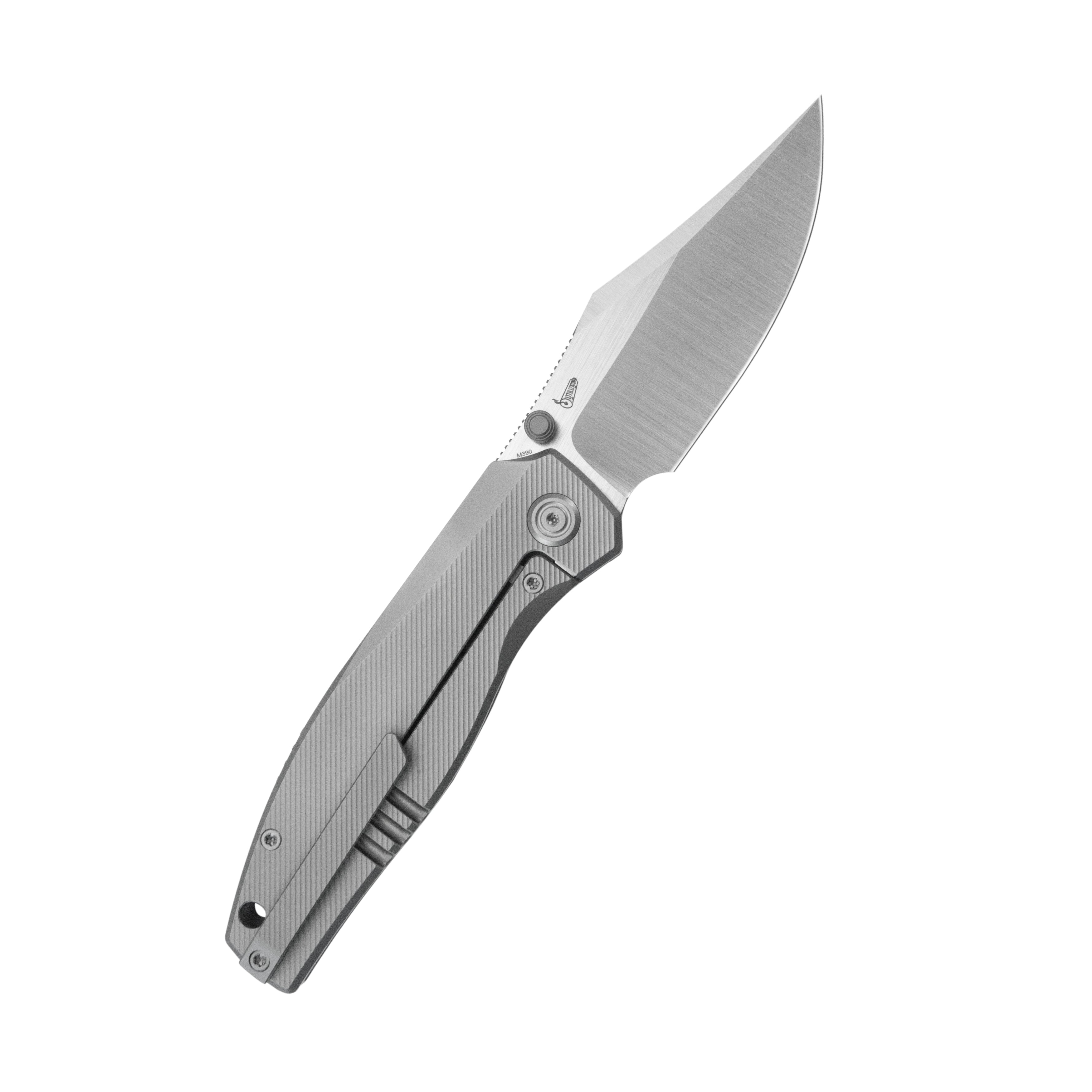 KB Classico Frame Locking Folding Knife Gray Sandblast Titanium Handle 3.38" Belt Satin M390 Blade KB478A