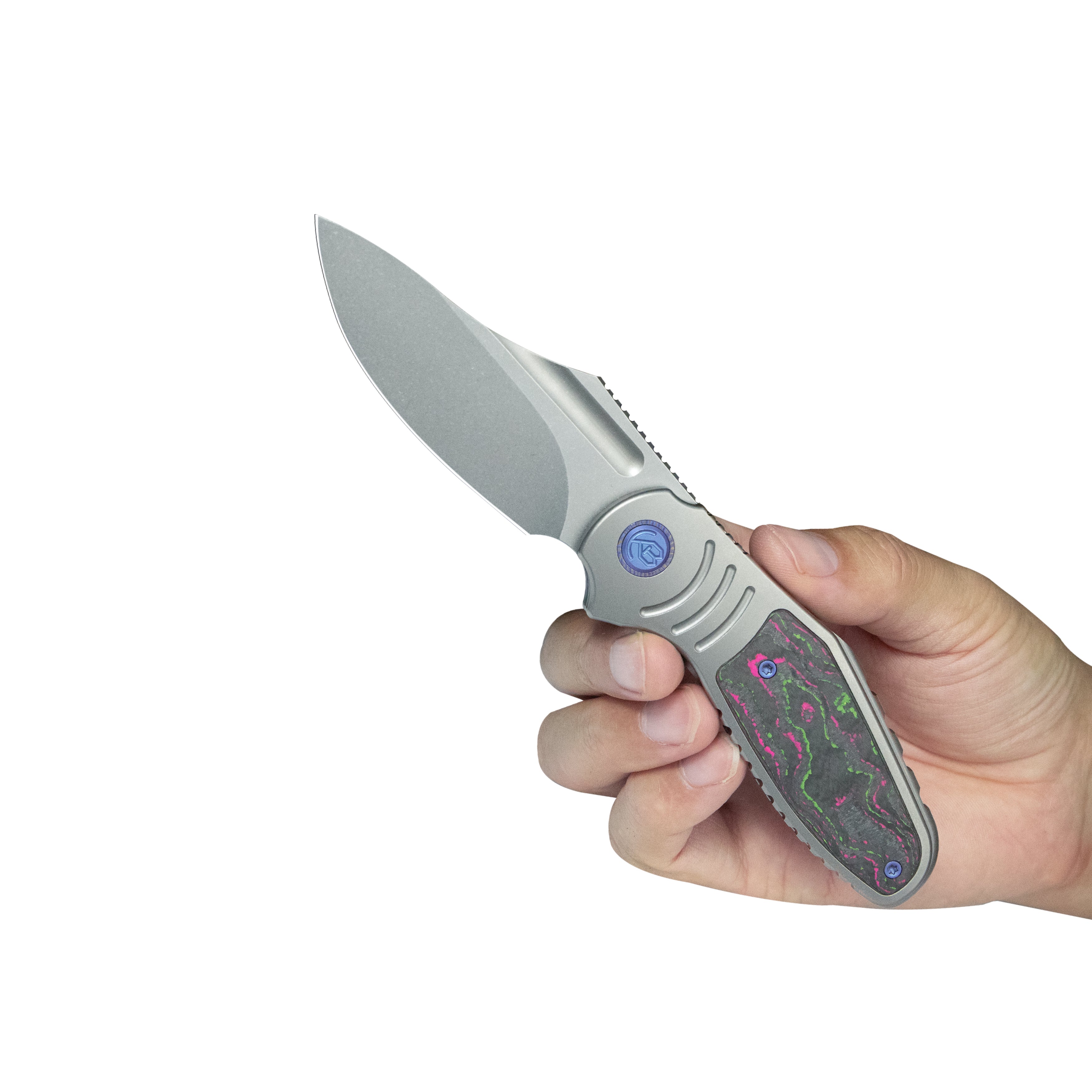 KB Stroller Folding Knife Gray Titanium/CF Inlays Handle 3.35” Stonewash CPM 20CV Blade KB384A