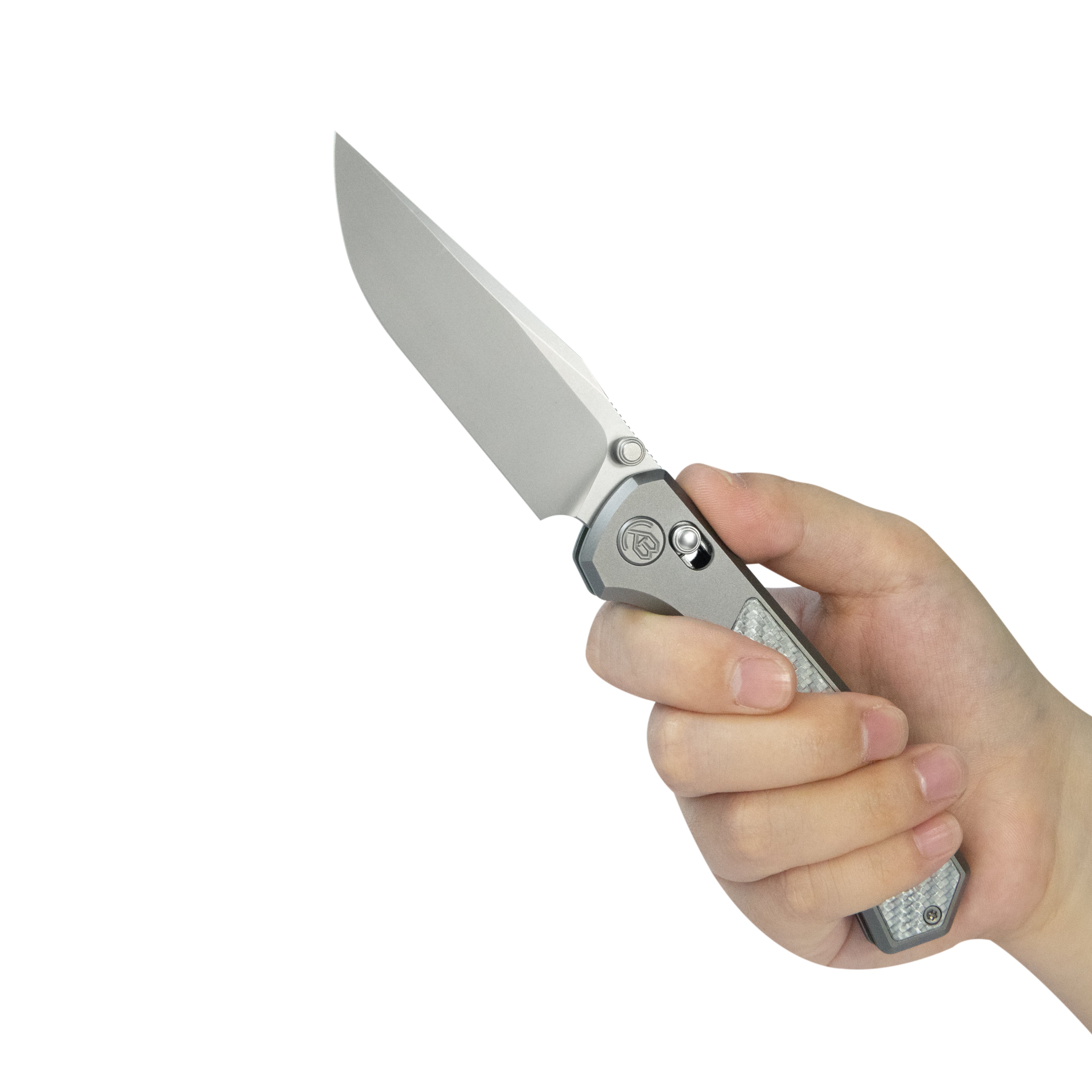 KB Lynx Folding Knife Bead Blasting Titanium with Silver Twill CF Inlay Handle 3.54'' Bead Blasting M390 Blade KB427A