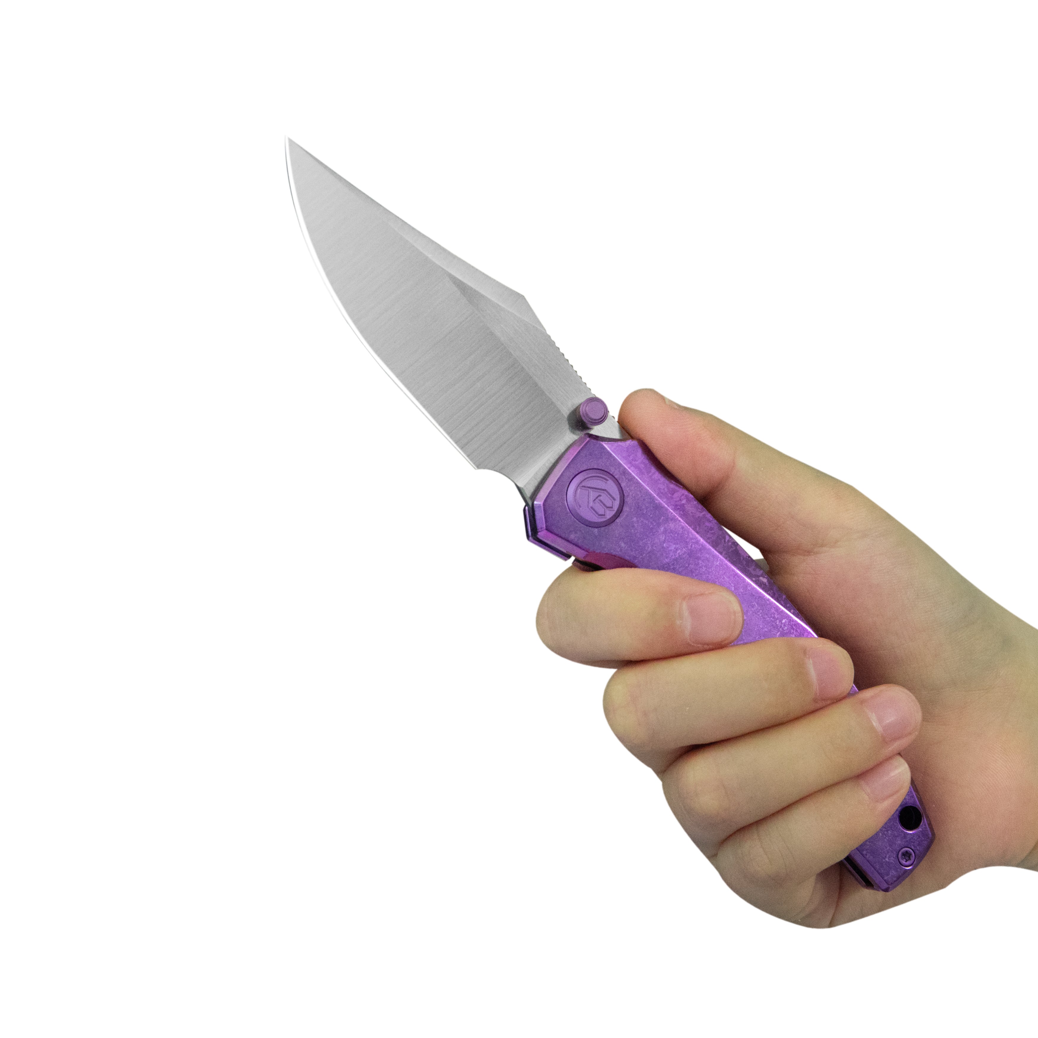 KB Classico Frame Locking Folding Knife Purple Crystallized Titanium Handle 3.38" Belt Satin M390 Blade KB478D