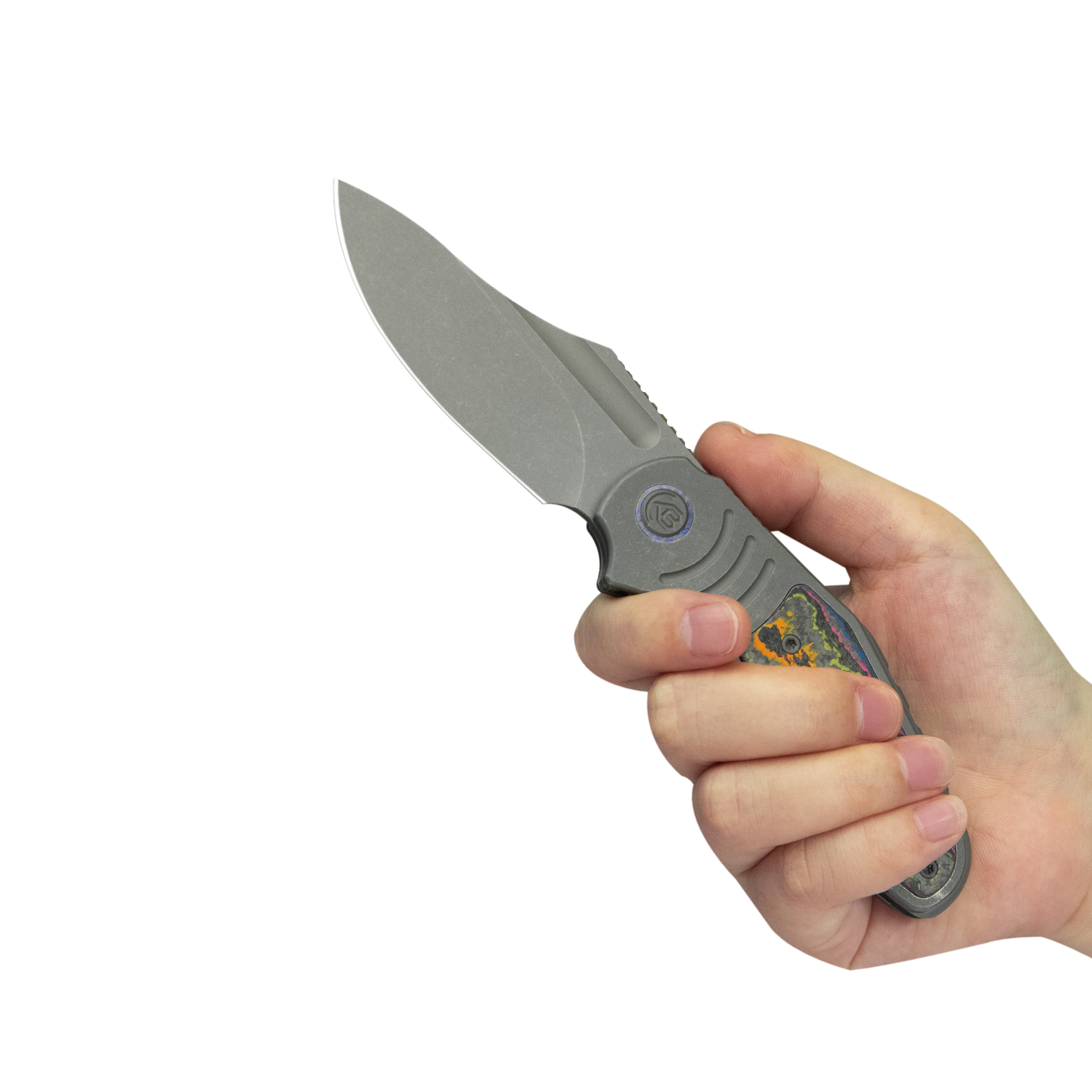 KB Stroller Folding Knife Gray Titanium/CF Inlays Handle 3.35" Darkwash CPM 20CV Blade KB384B