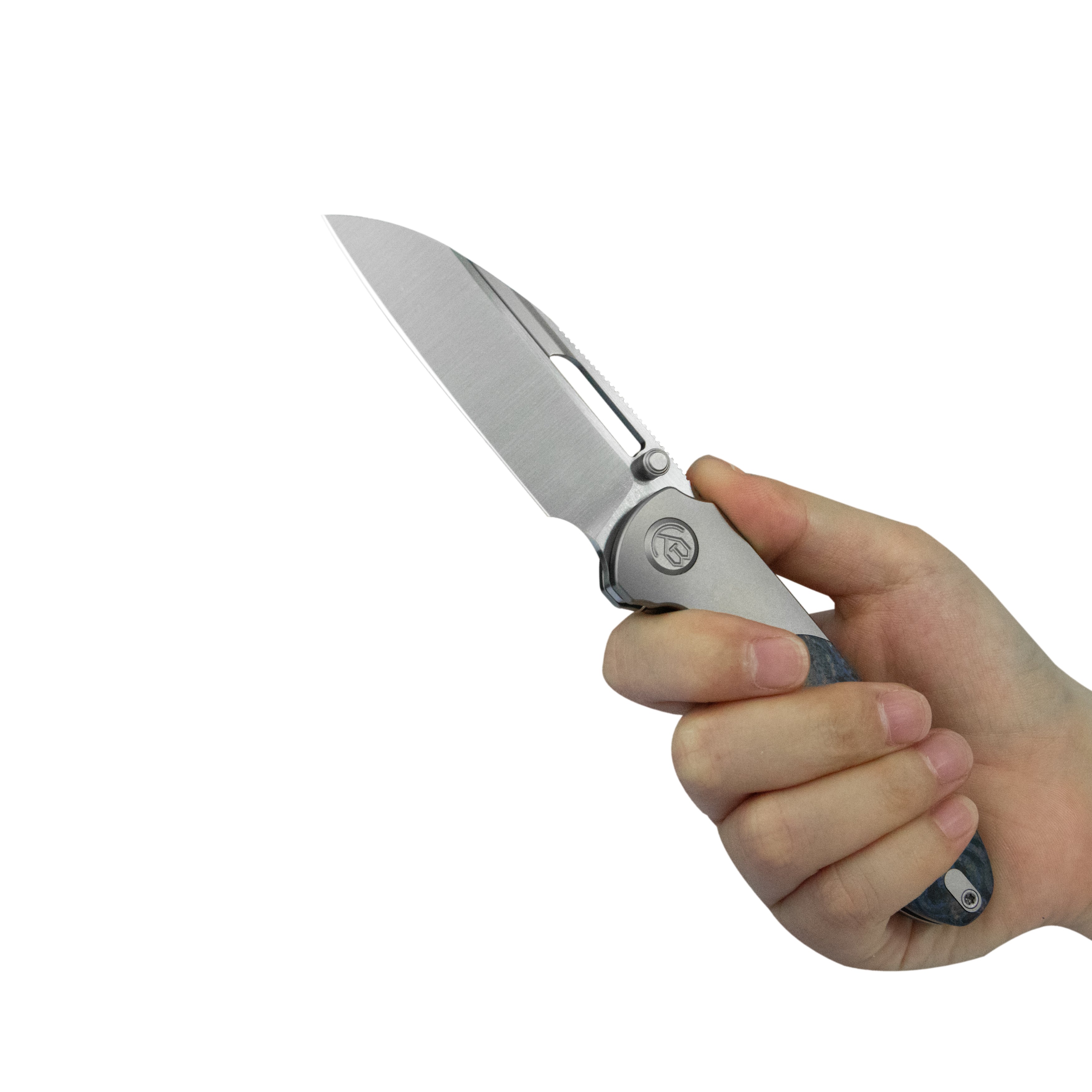 KB Icicle Pocket Folding Knife Frame Lock Sandblast Titanium with 80's Camo Carbon Inlays 3.50" Belt Satin Elmax Blade KB432A