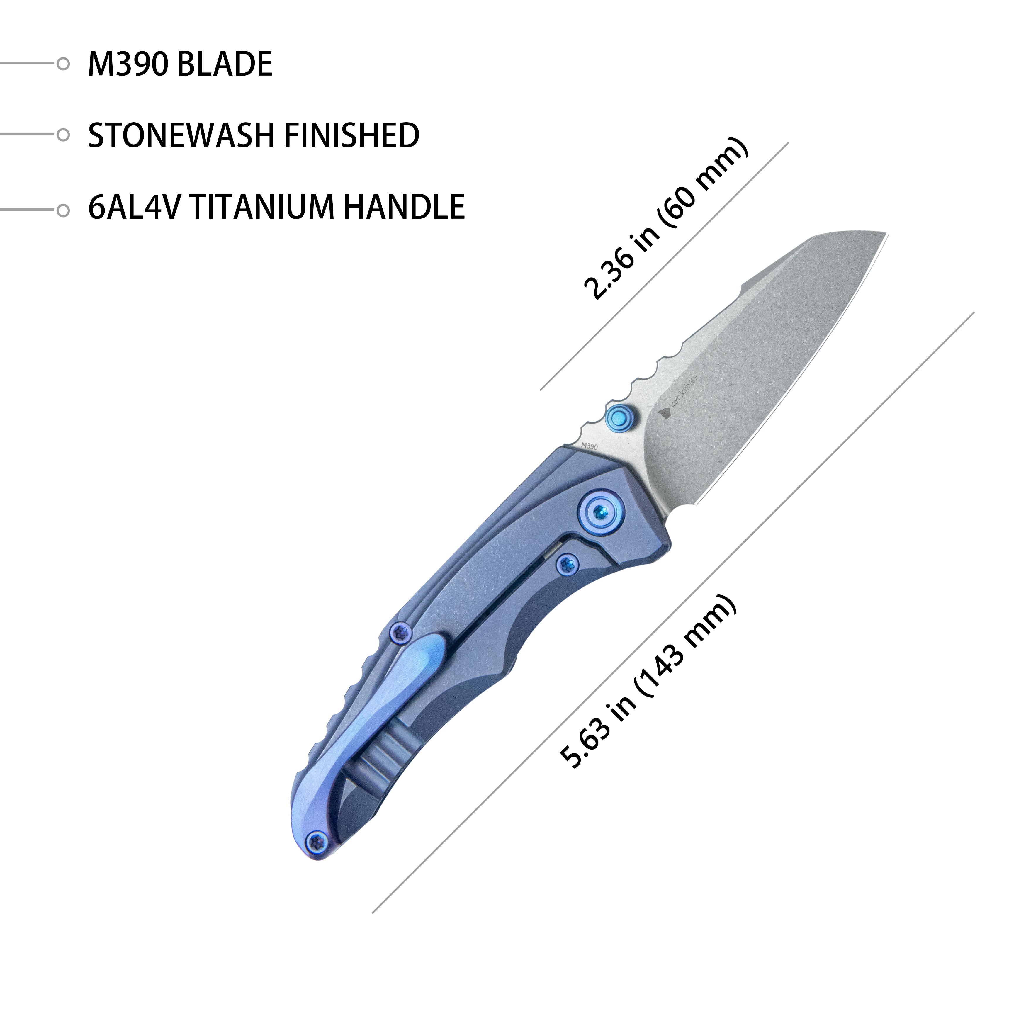 KB Steeltle Folding Knife Blue Titanium Handle 2.36" Stonewash M390 Blade KB390C