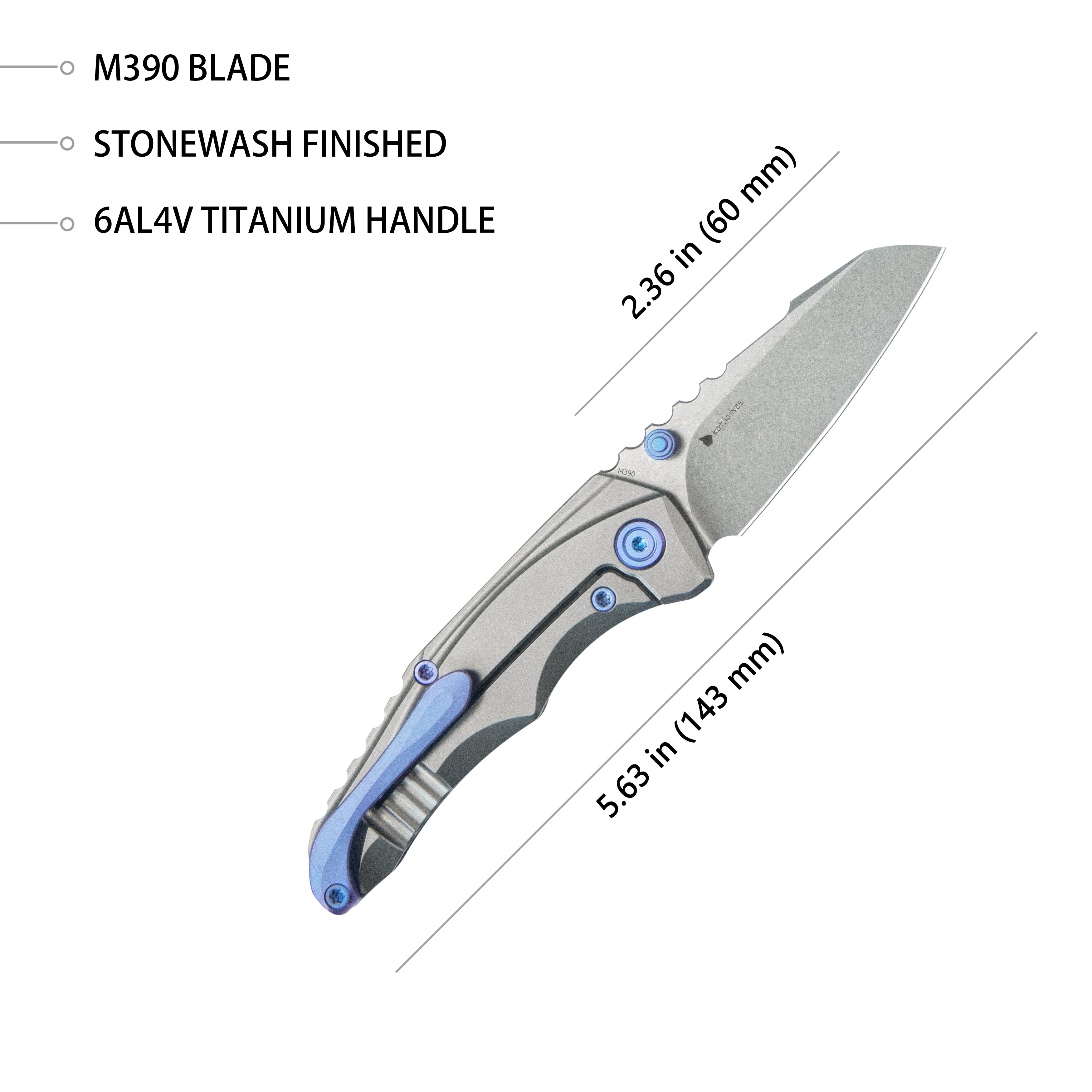 KB Steeltle Folding Knife Gray Titanium Handle 2.36" Stonewash M390 Blade KB390A