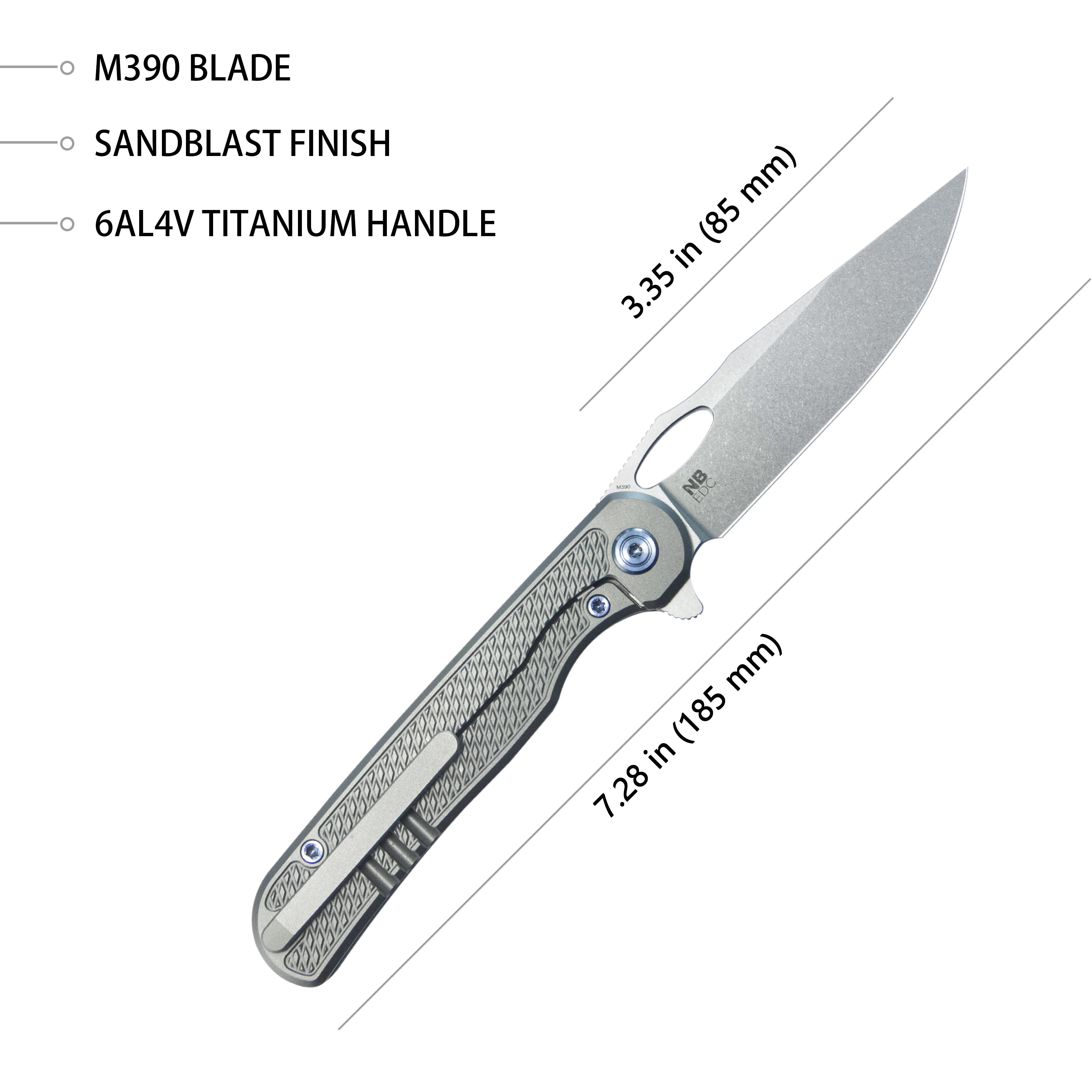 KB Hydro Folding Knife Grey Titanium w/ Diamond Milling Handle 3.15" Stonewash M390 Blade KB323A