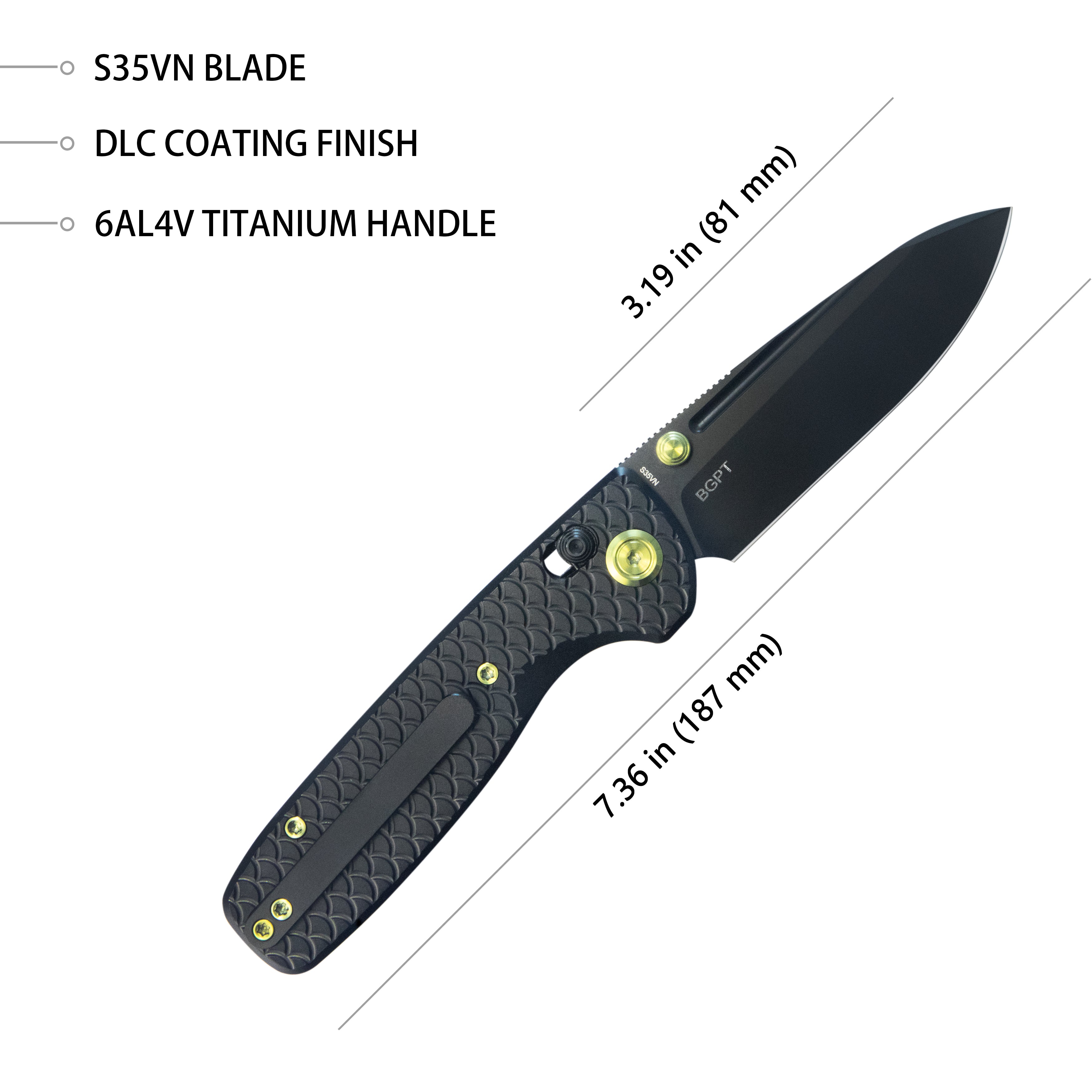 KB Bluff Folding Knife Black Titanium Handle 3.19" Regular DLC S35VN Blade KB383B