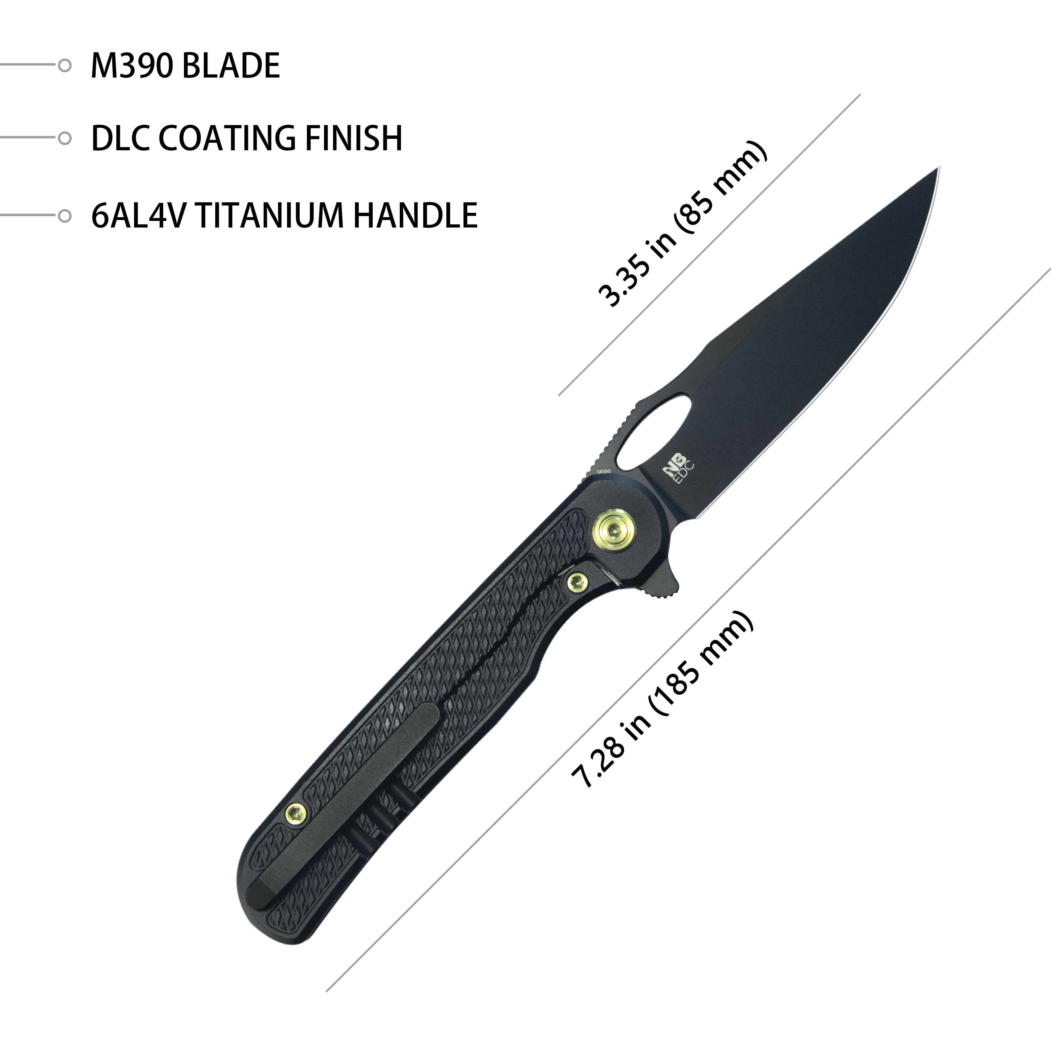 KB Hydro Folding Knife Black Titanium w/ Diamond Milling Handle 3.15" Regular DLC M390 Blade KB323B