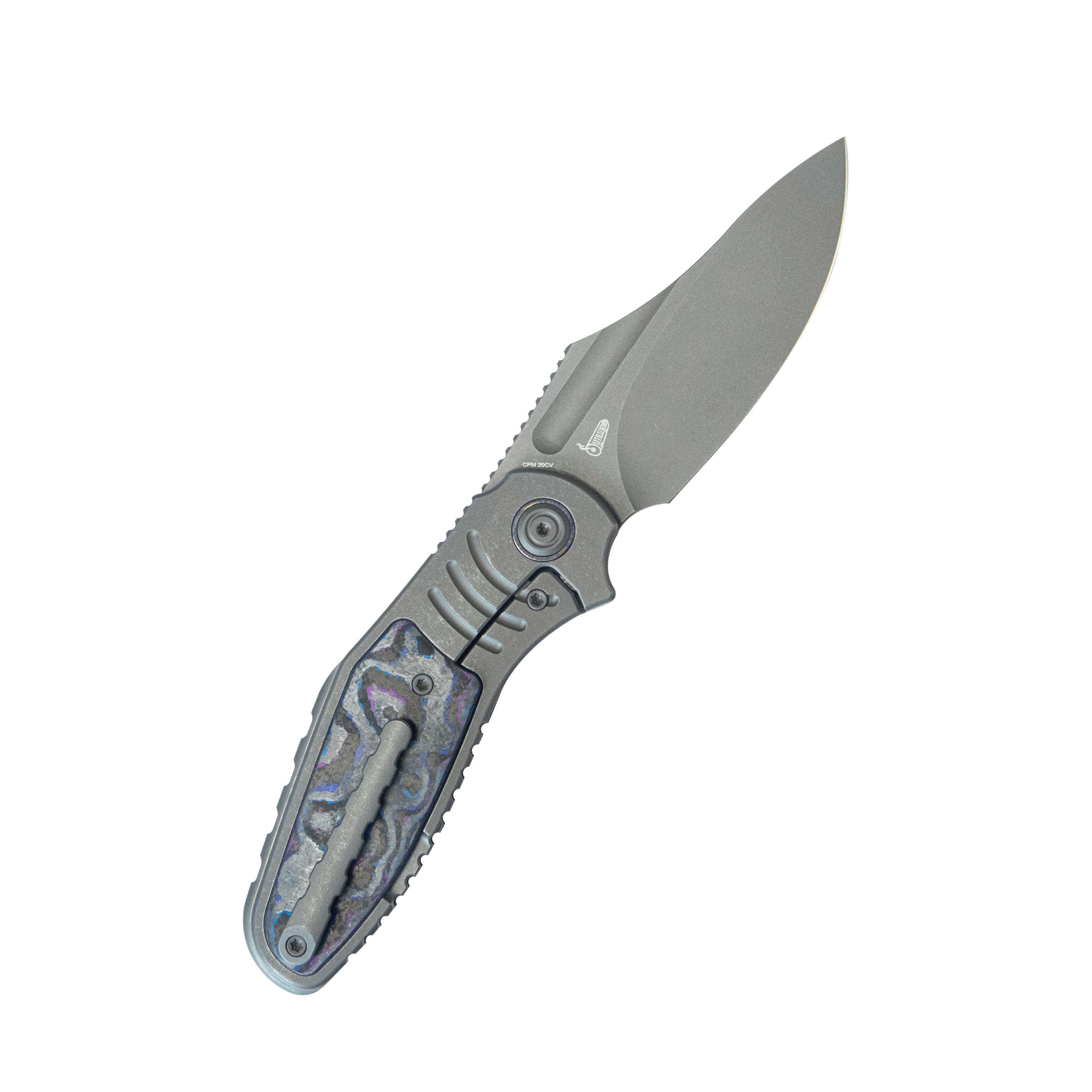 KB Stroller Folding Knife Gray Titanium/CF Inlays Handle 3.35" Darkwash CPM 20CV Blade KB384B