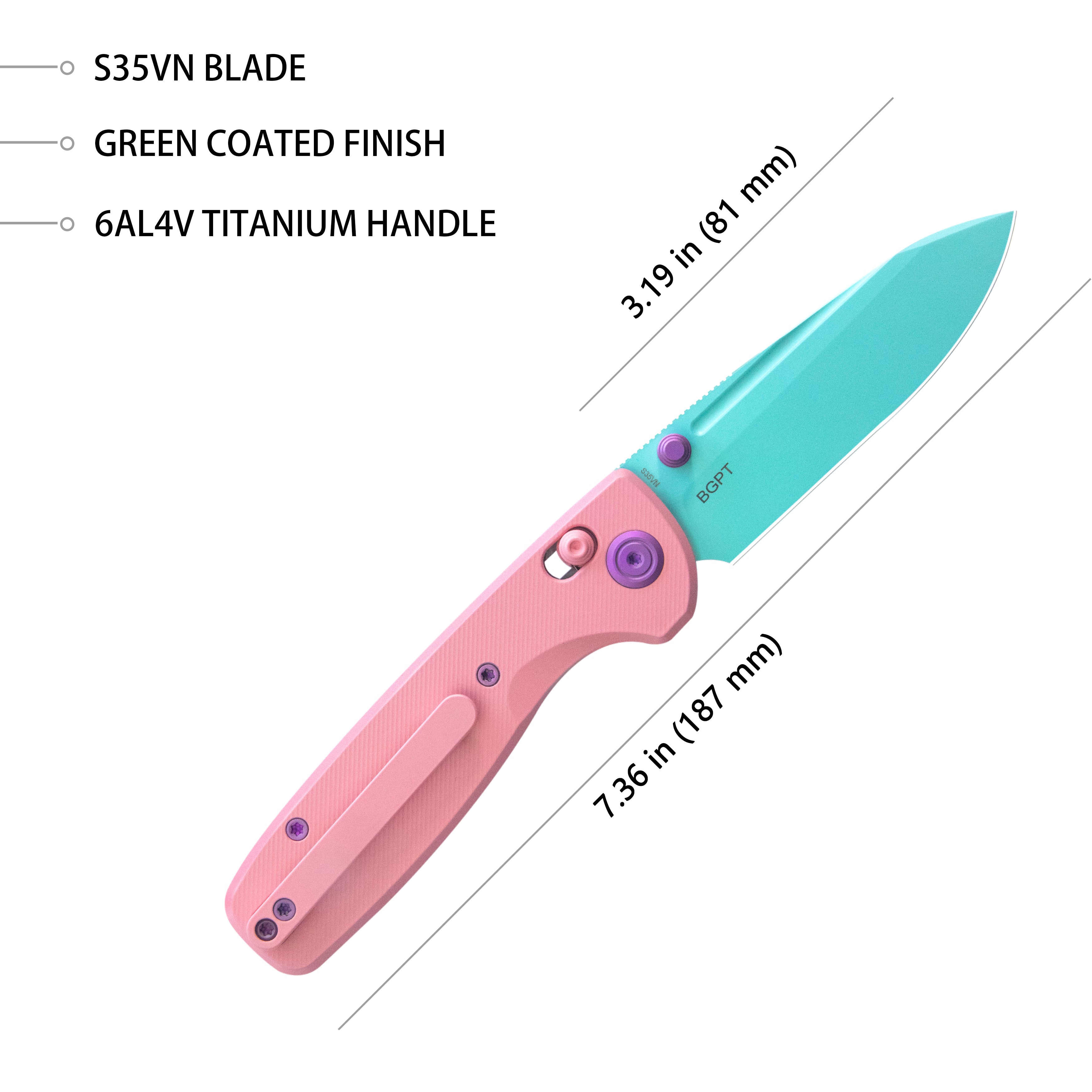 KB Bluff Folding Knife Pink Titanium Handle 3.19" Green Coated S35VN Blade KB383D