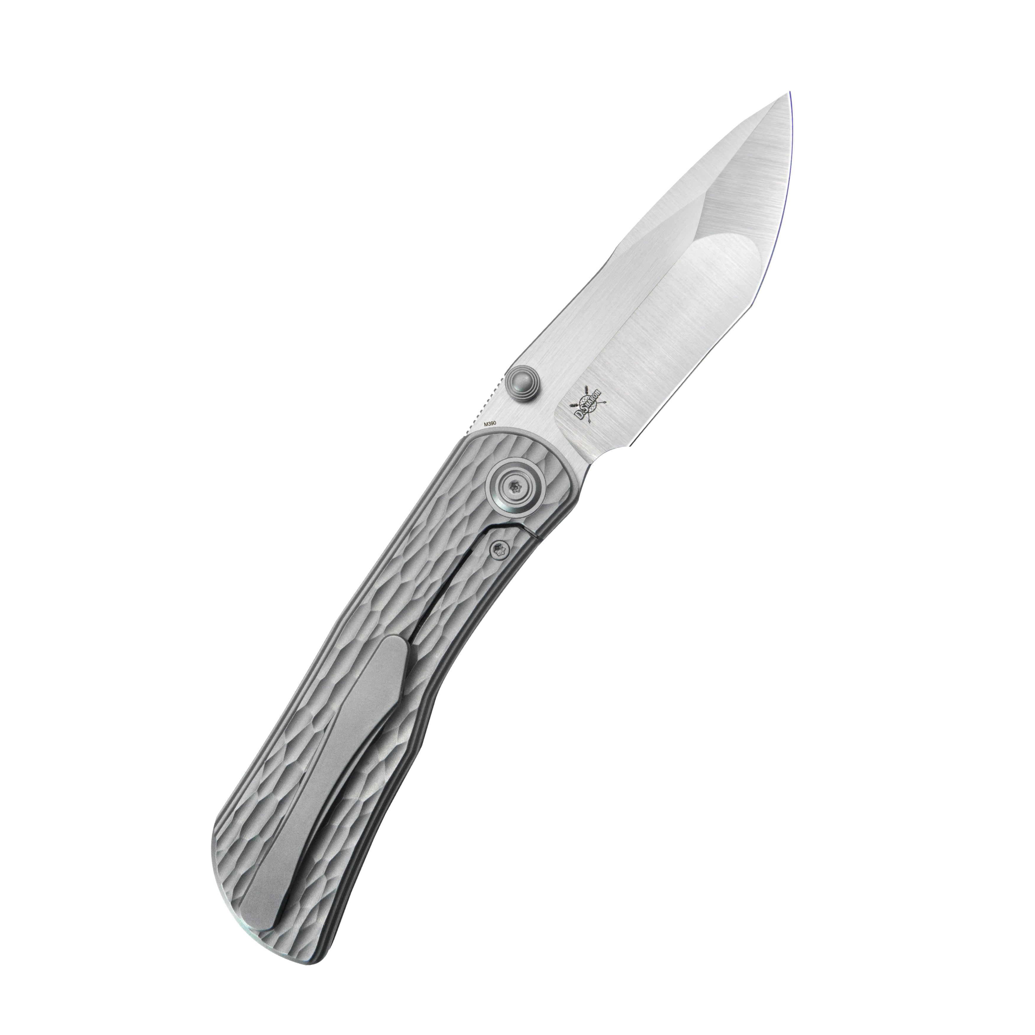 KB Folklore Folding Knife Sandblast Titanium w/ Jigged Pattern Milling Handle 3.42'' Belt Satin M390 Blade KB444A