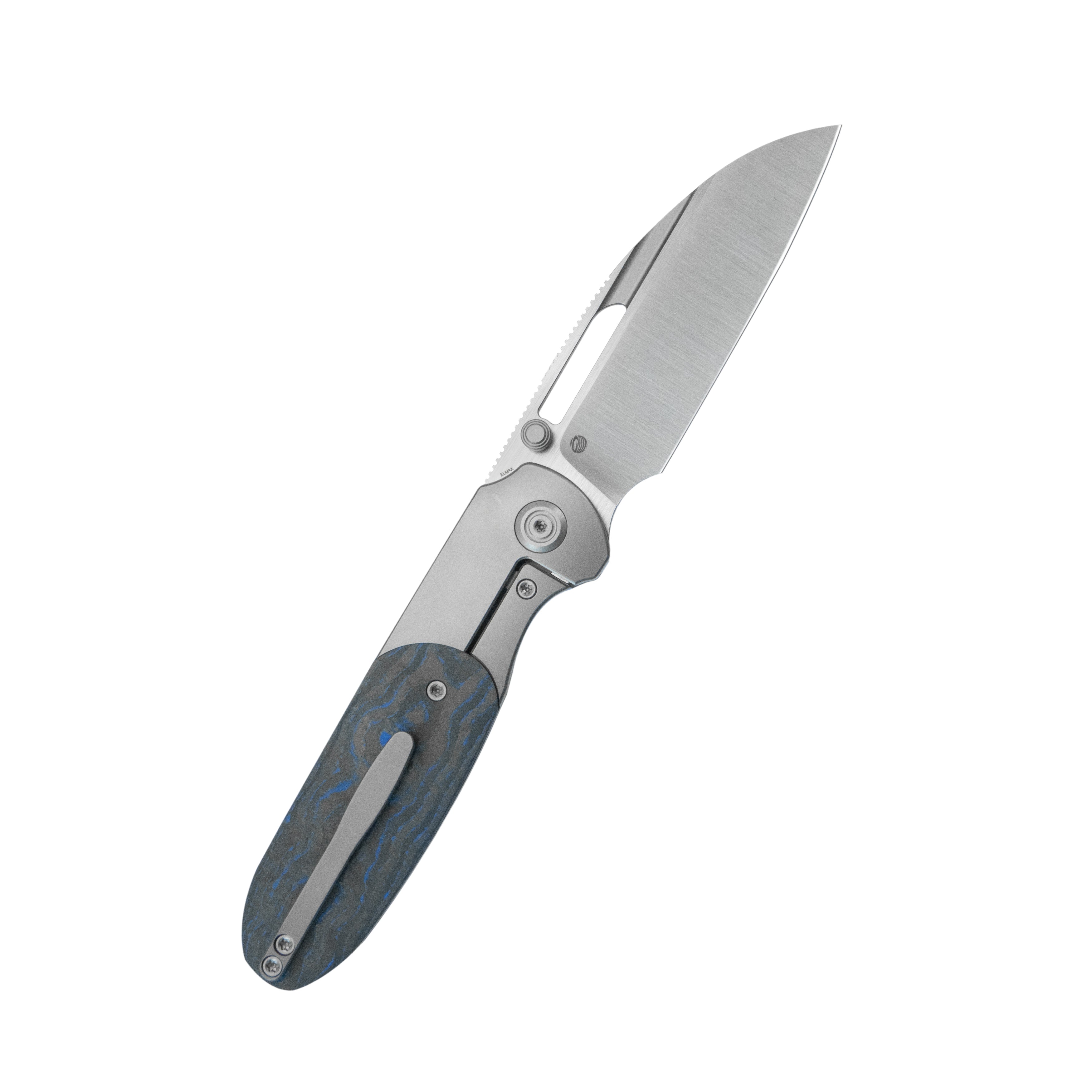 KB Icicle Pocket Folding Knife Frame Lock Sandblast Titanium with Electric Blue Camo Carbon Inlays 3.50" Belt Satin Elmax Blade KB432B