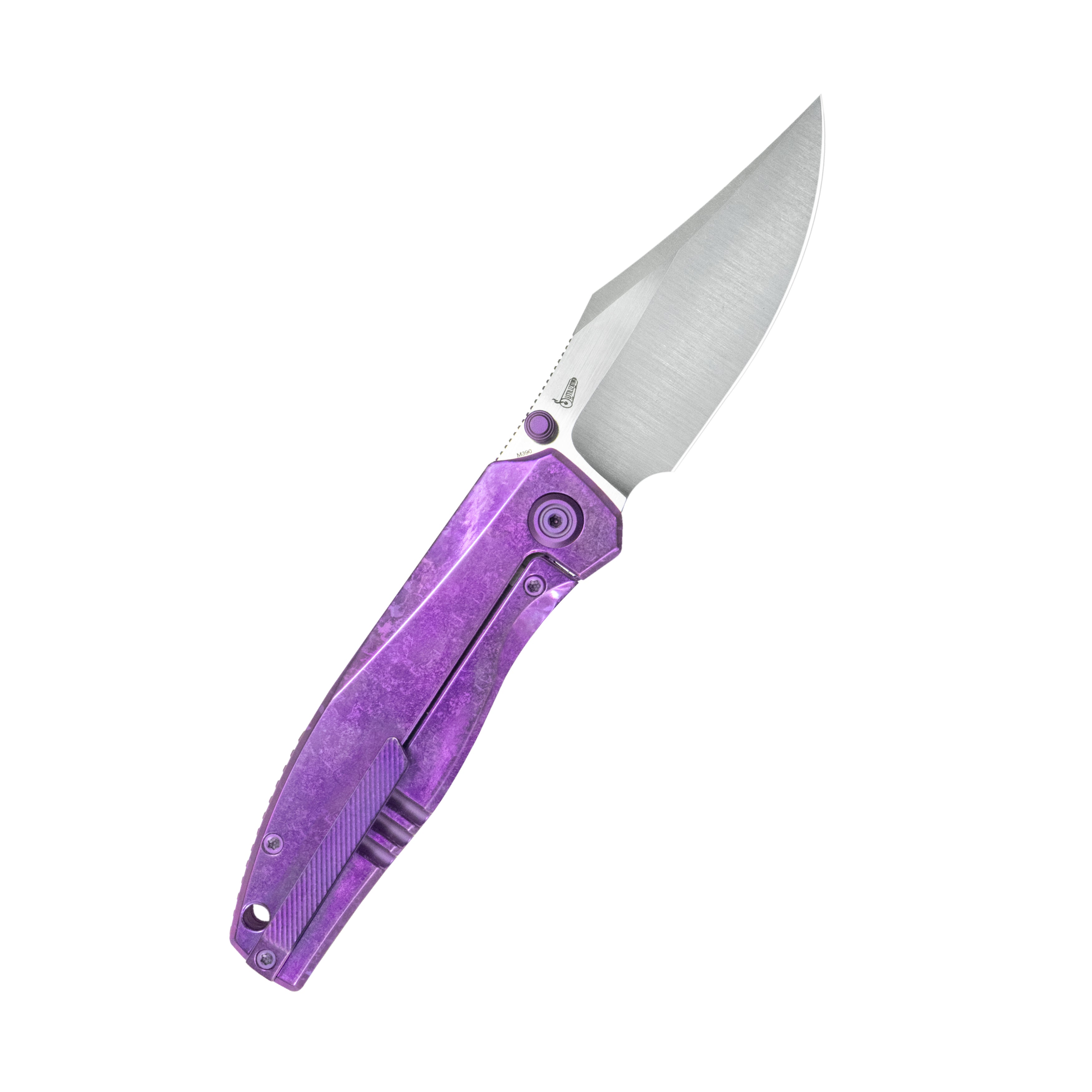 KB Classico Frame Locking Folding Knife Purple Crystallized Titanium Handle 3.38" Belt Satin M390 Blade KB478D