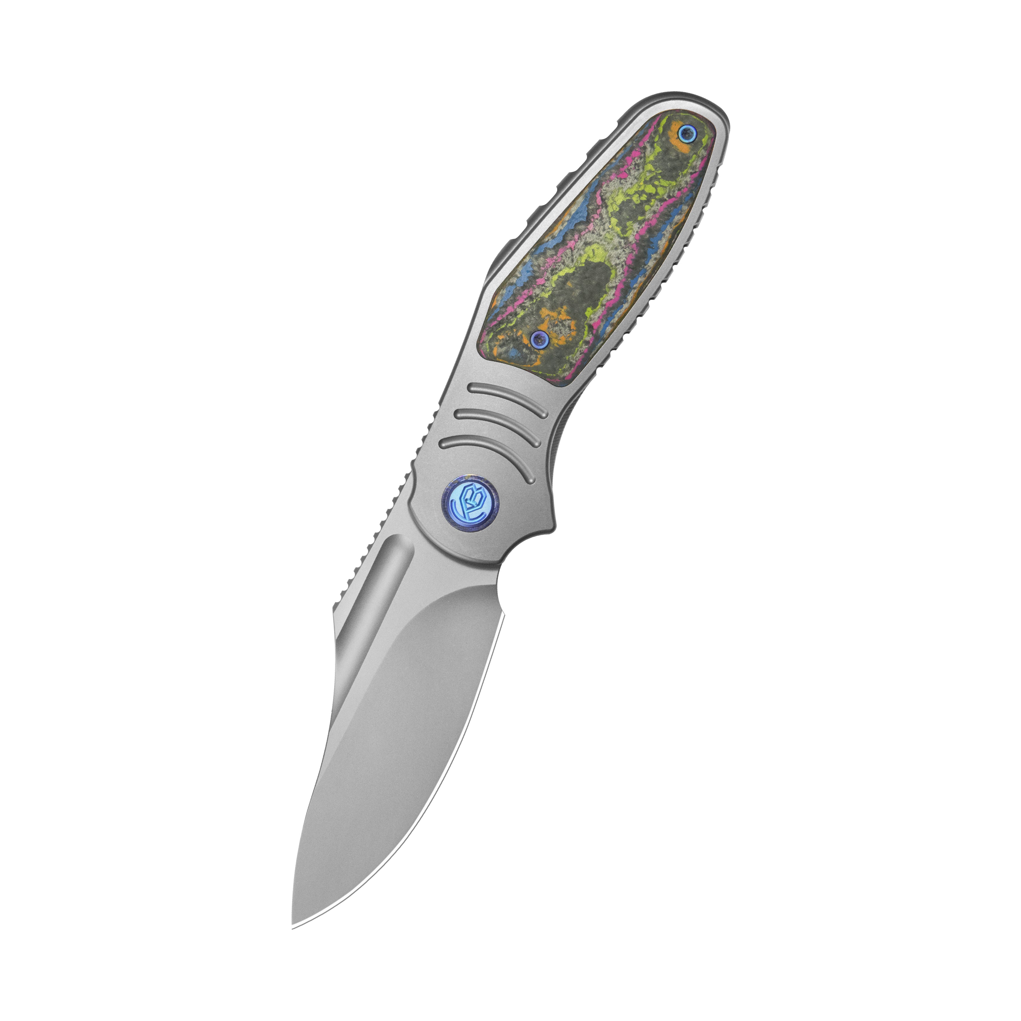 KB Stroller Folding Knife Gray Titanium/CF Inlays Handle 3.35” Stonewash CPM 20CV Blade KB384A