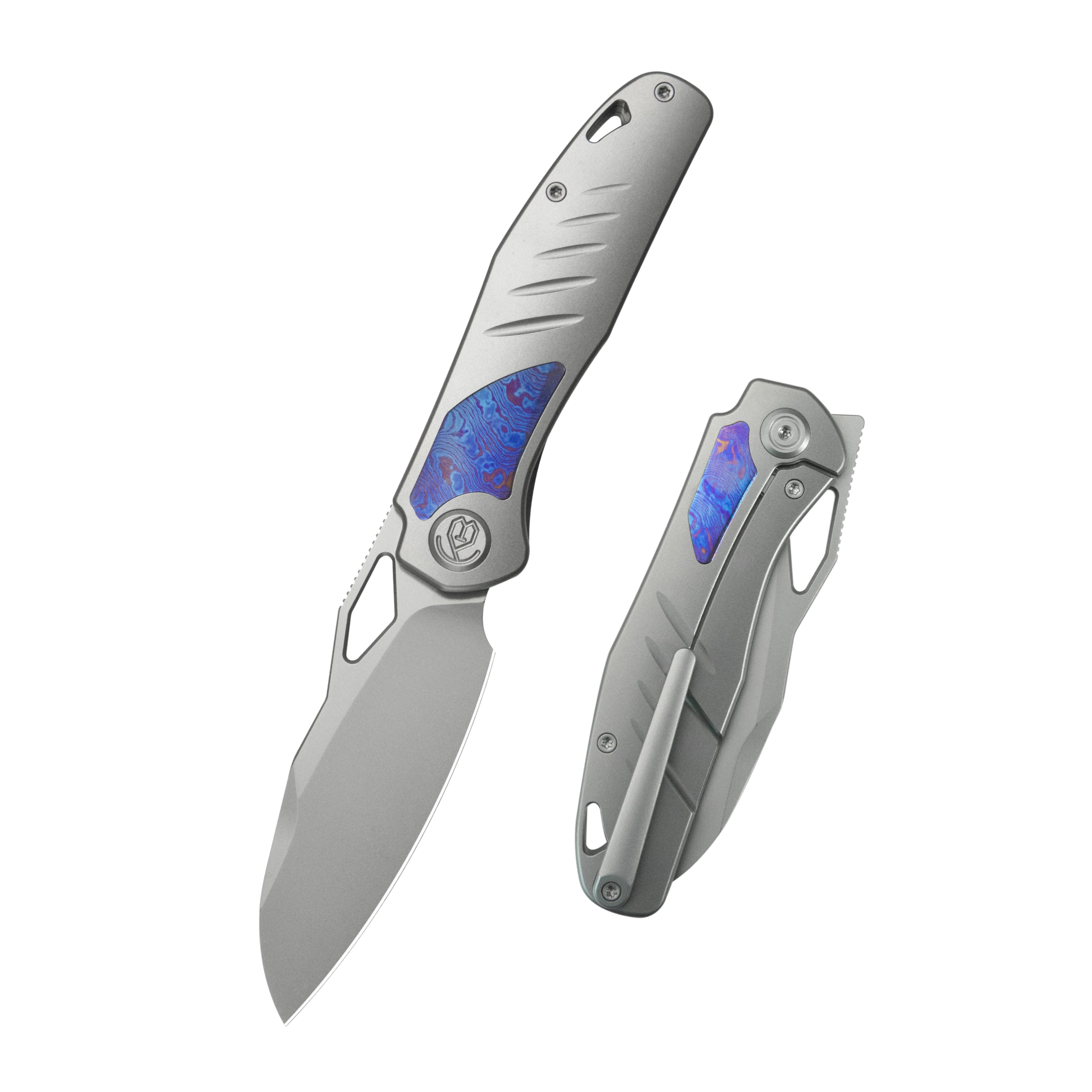 KB Sudden Frame Lock Pocket Folding Knife Sandblast Titanium w/ Timascus Inlays 3.46'' Beadblast 20CV Blade KB385A