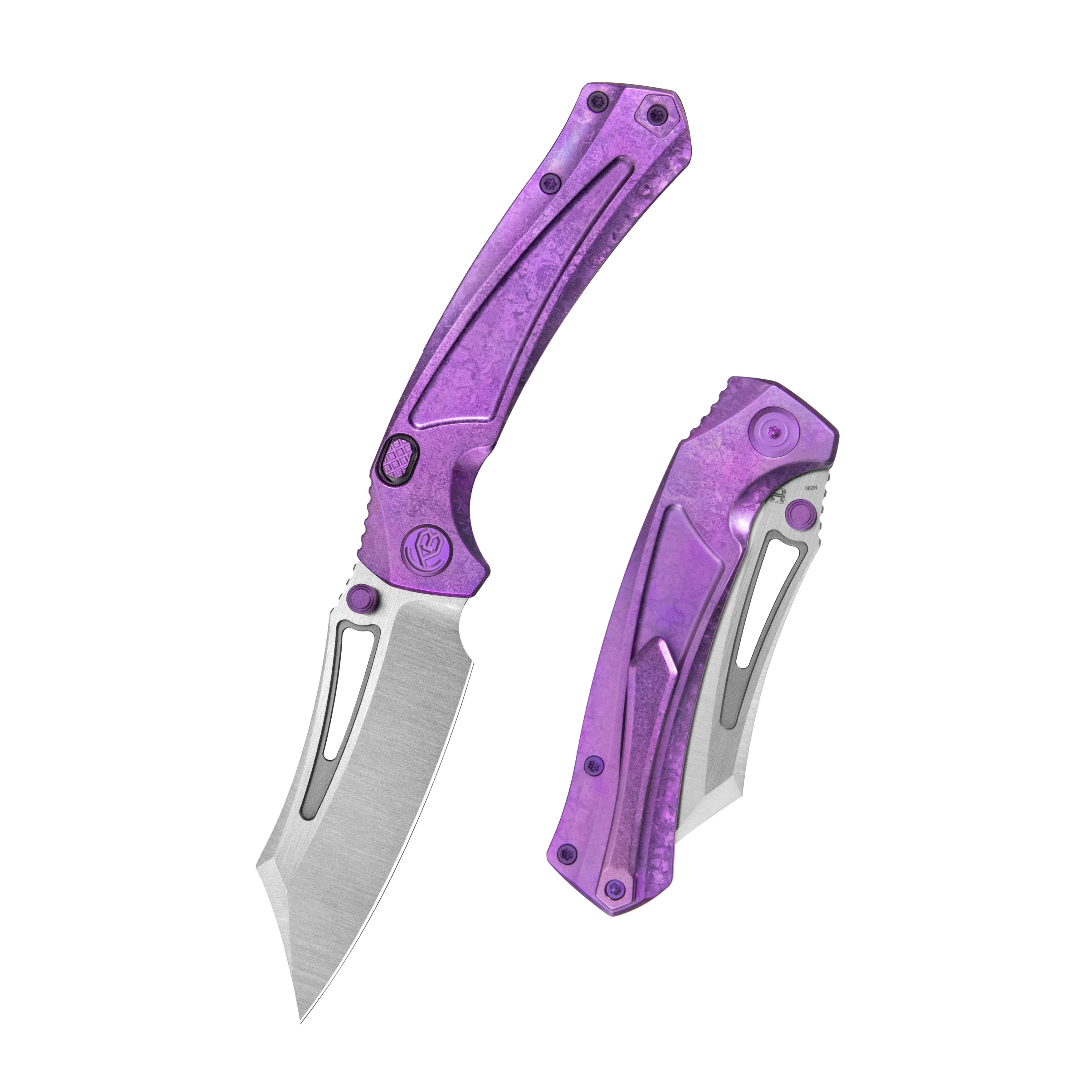 KB Pirate Folding Knife Purple Ano Crystallized Titanium Handle 3.46" Belt Satin M390 Blade KB398D