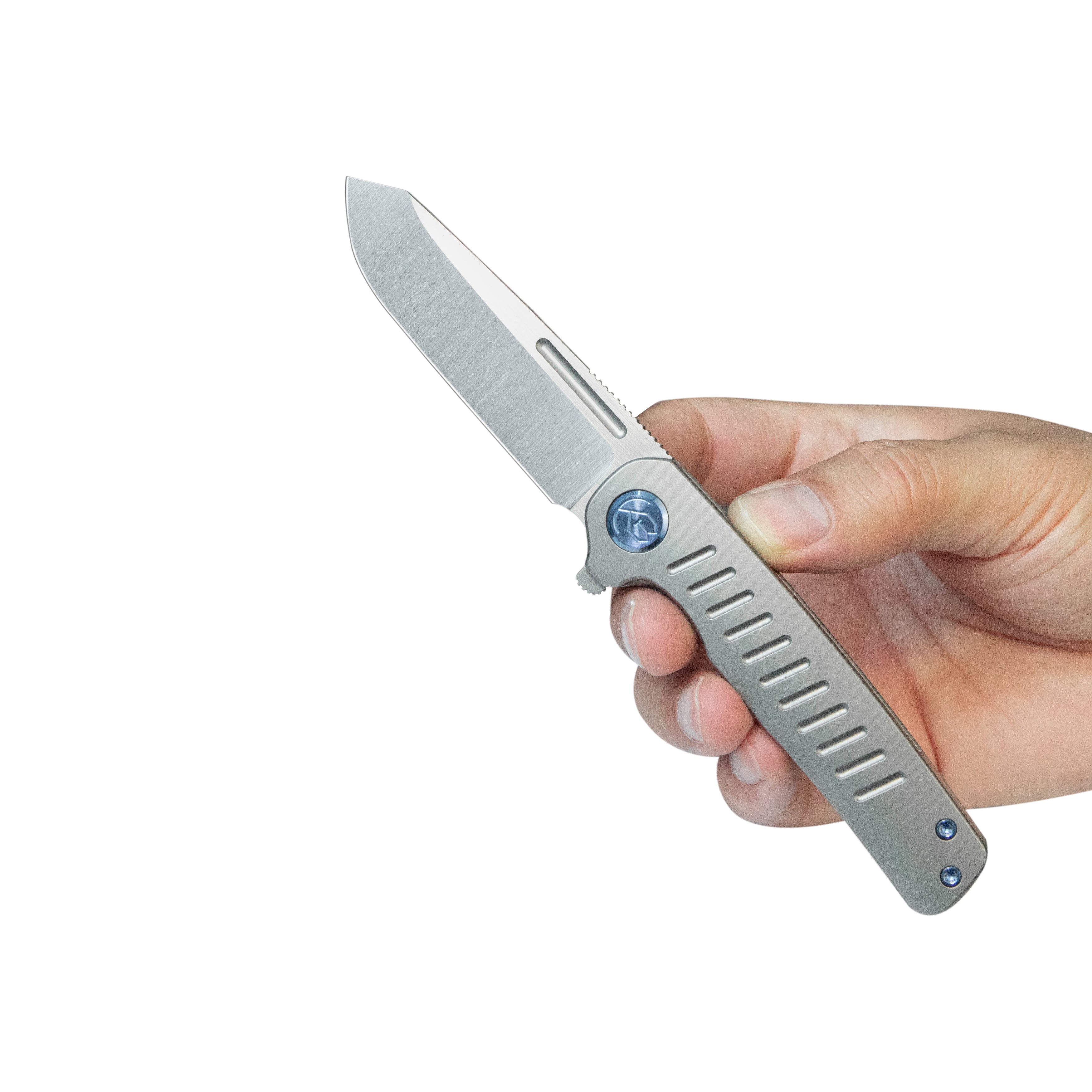 KB Steelhead Folding Knife Gray Titanium Handle 3.15" Belt Satin M390 Blade KB315A