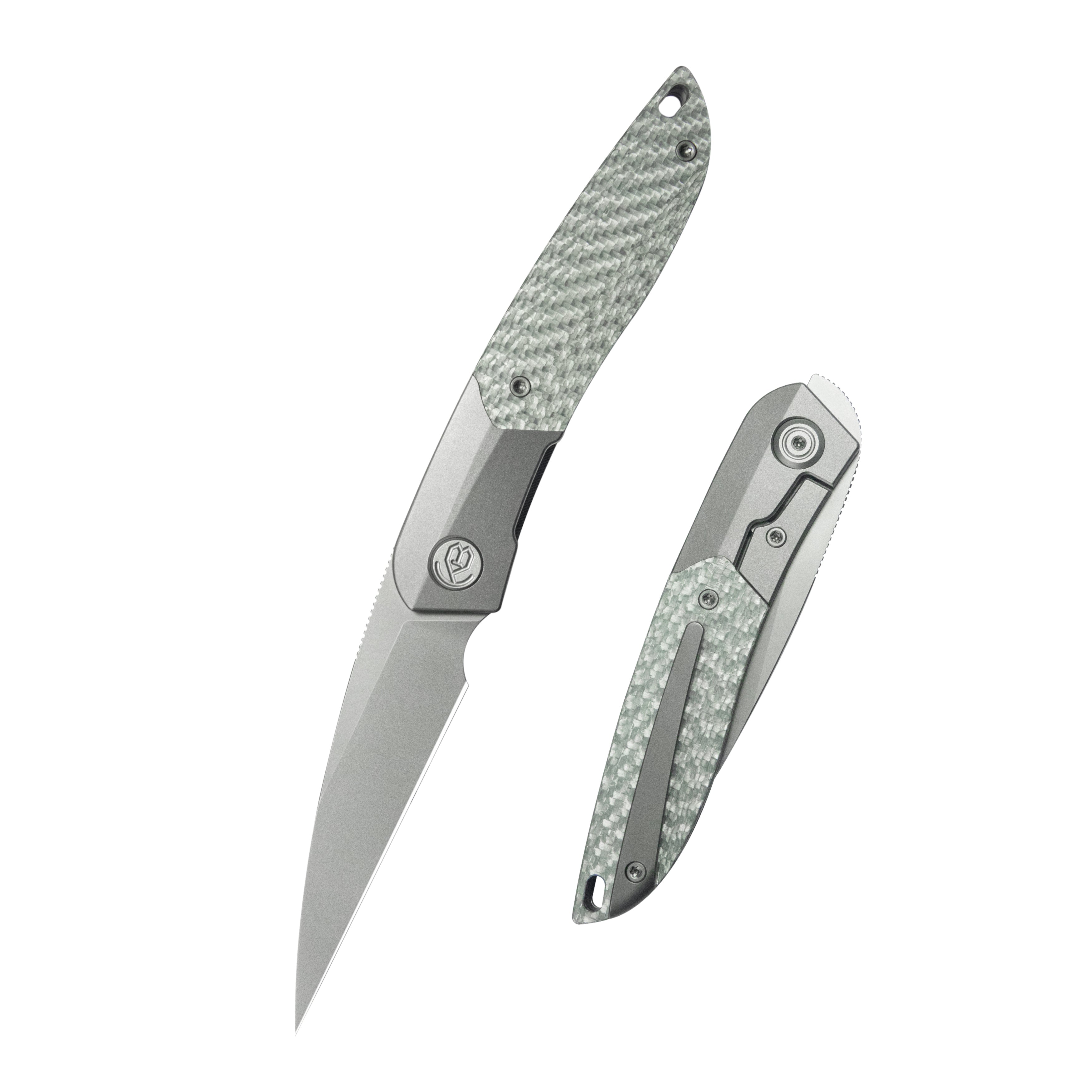 KB Spike Folding Knife Grey Titanium with Twill CF inlay 3.11'' Beadblast M390 Blade KB406A