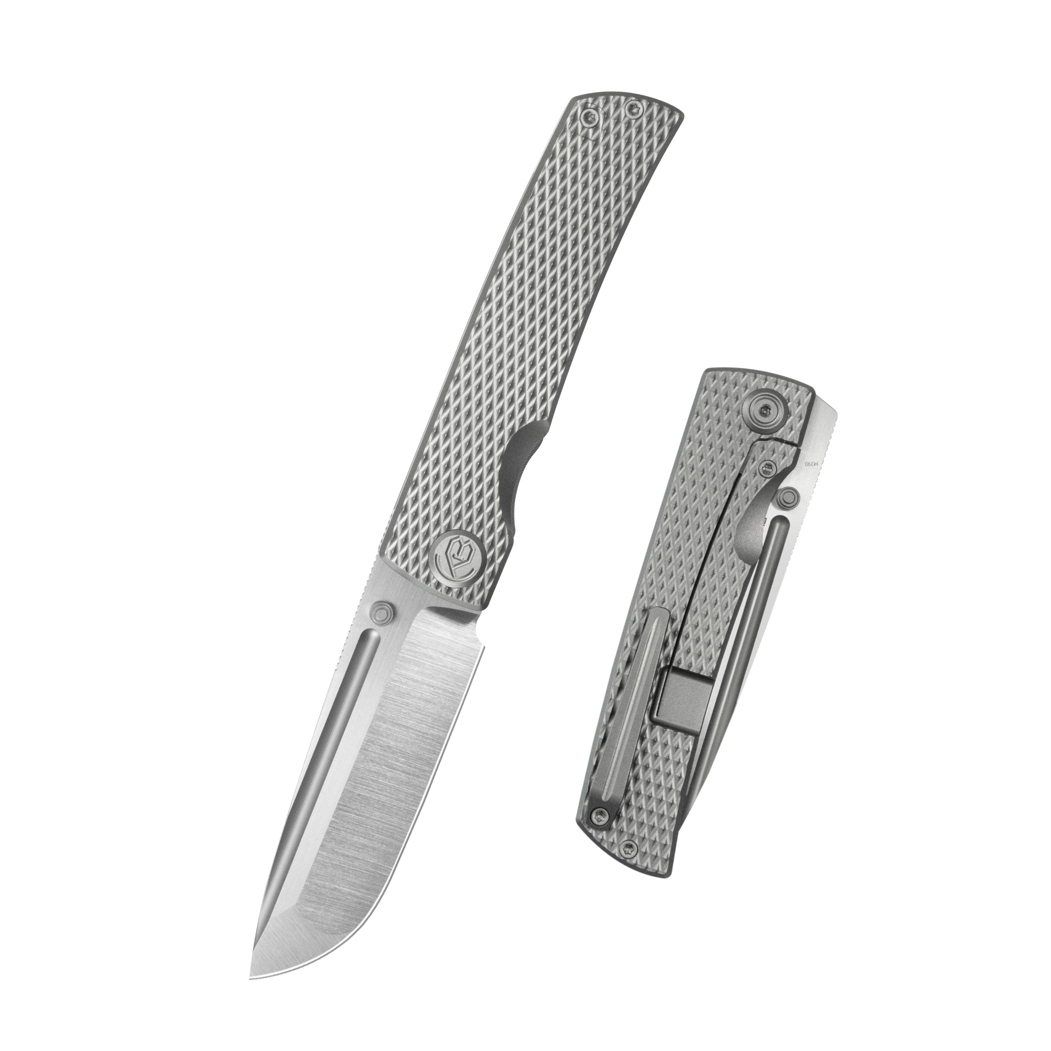 KB Mosquito Folding Knife Gray Titanium with Diamond Milling 3.46'' Belt Satin M390 Blade KB409A