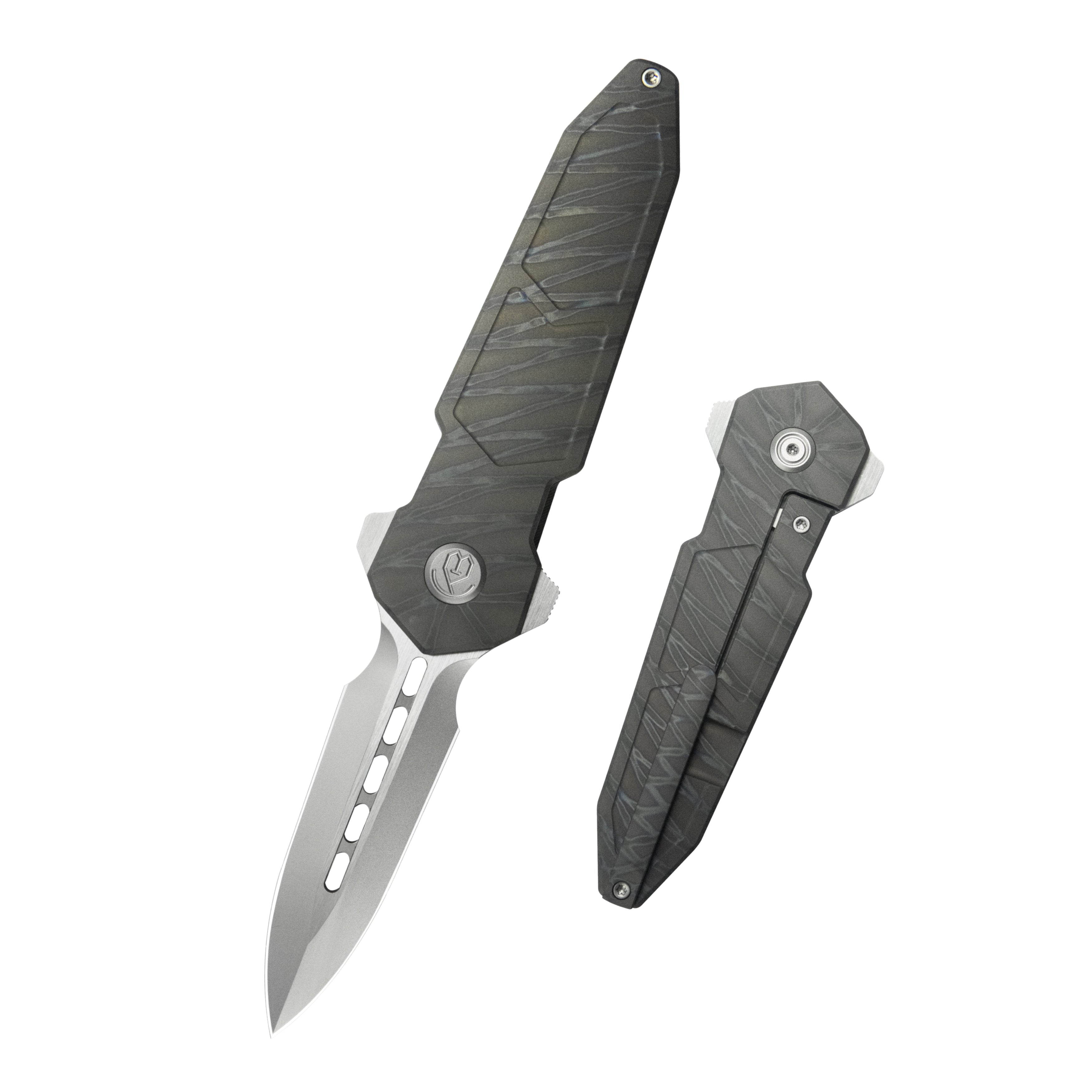KB Urban Dagger Double Edge Folding Knife Flame Ano Titanium Handle 3.19'' Satin & Beadblast M390 Blade KB416B