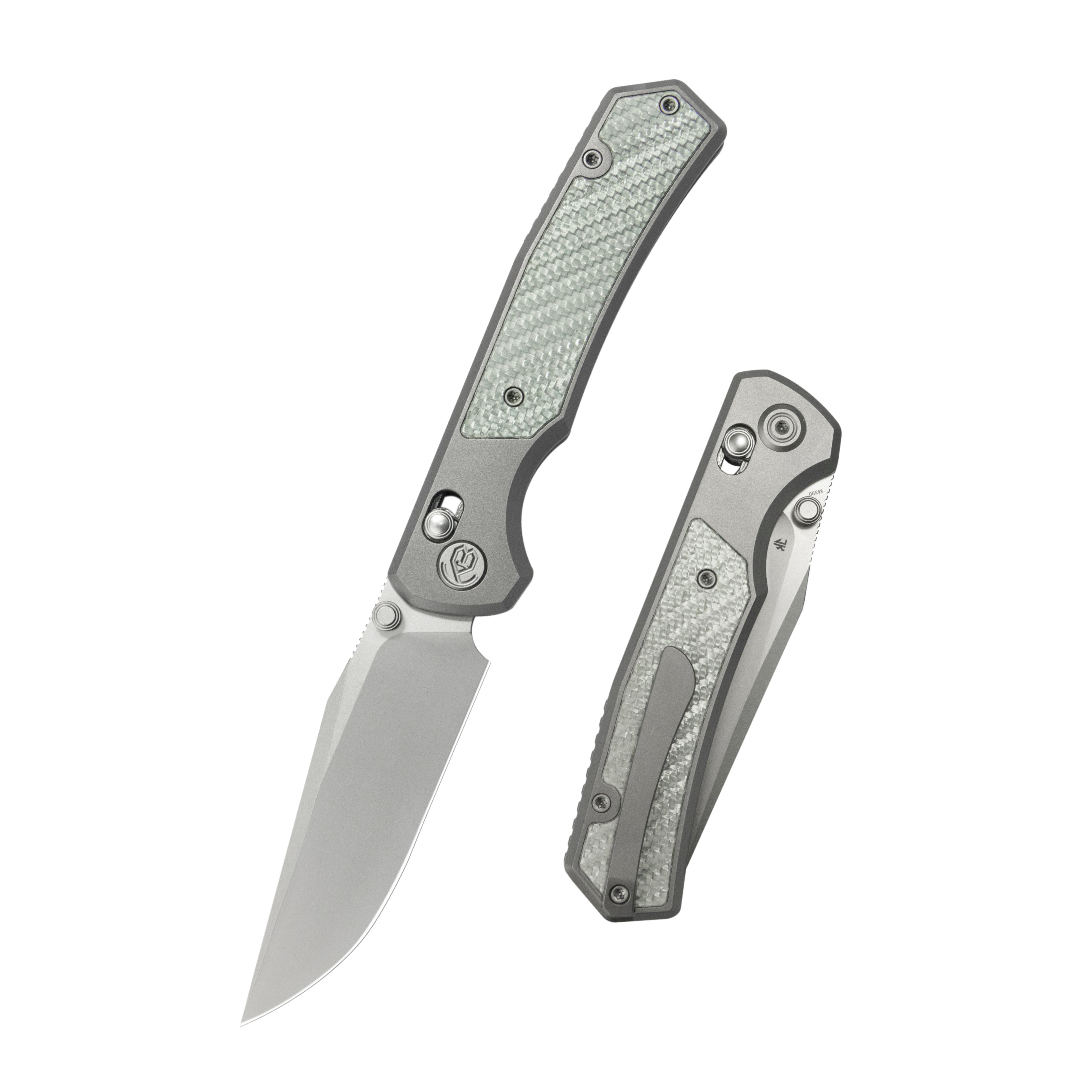 KB Lynx Folding Knife Bead Blasting Titanium with Silver Twill CF Inlay Handle 3.54'' Bead Blasting M390 Blade KB427A