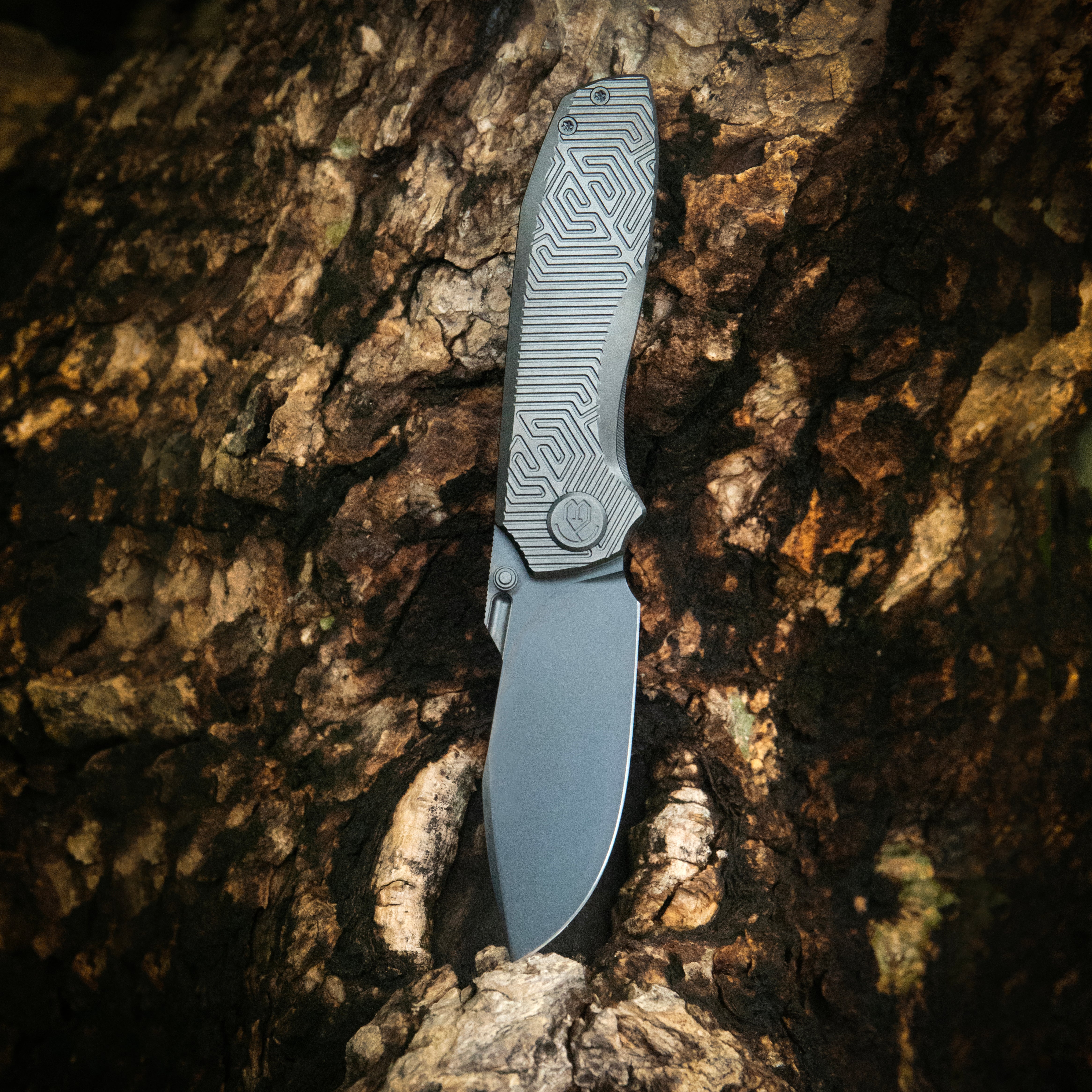 KB Agera Frame Lock Pocket Folding Knife Regular DLC Titanium w/ Maze Pattern Milling Handle 3.03'' Regular DLC  M390 Blade KB437C