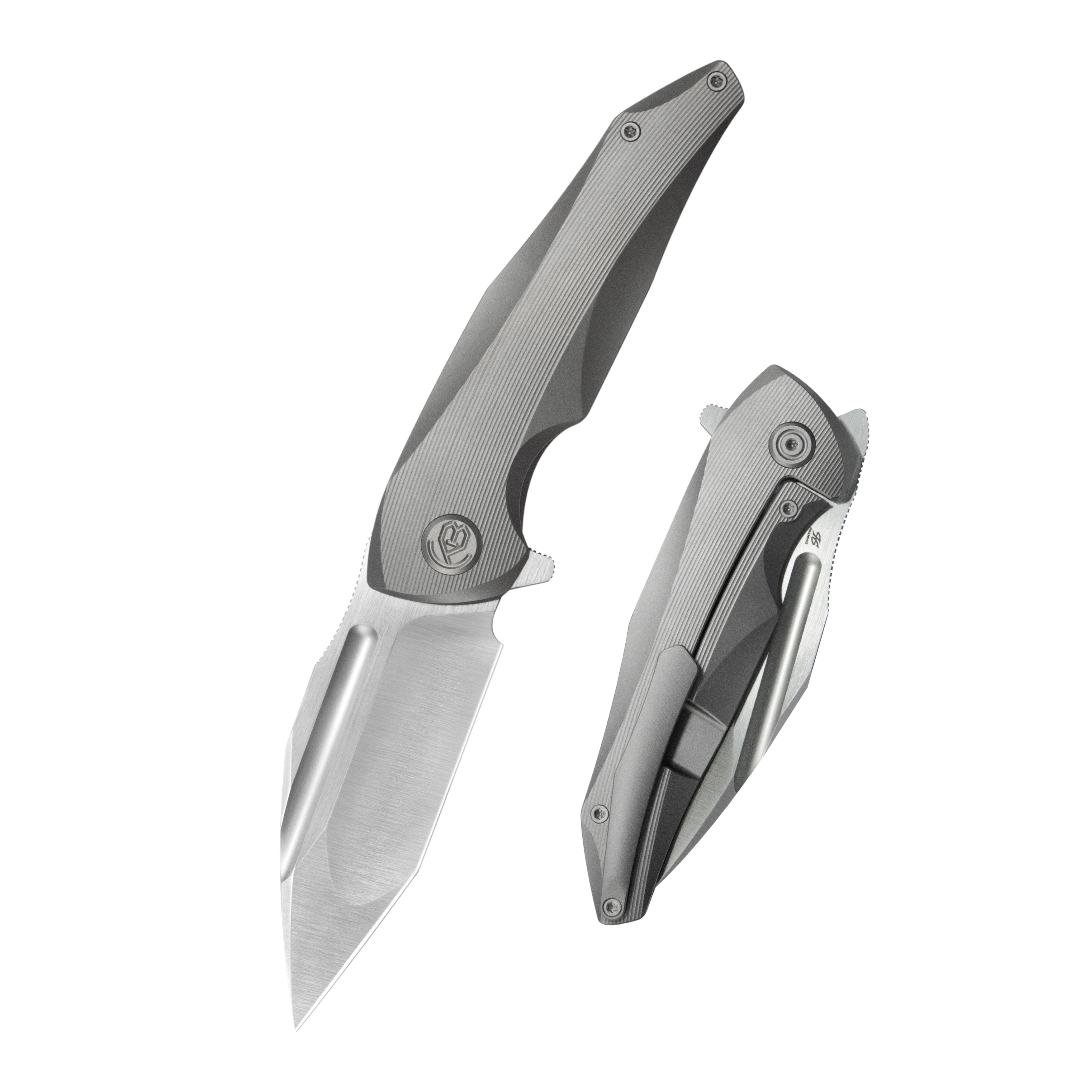 KB Navigator Tactical Folding Knife Flipper Gray Contoured Ti Micro Milling 3.39" Satin M390 Blade KB458A