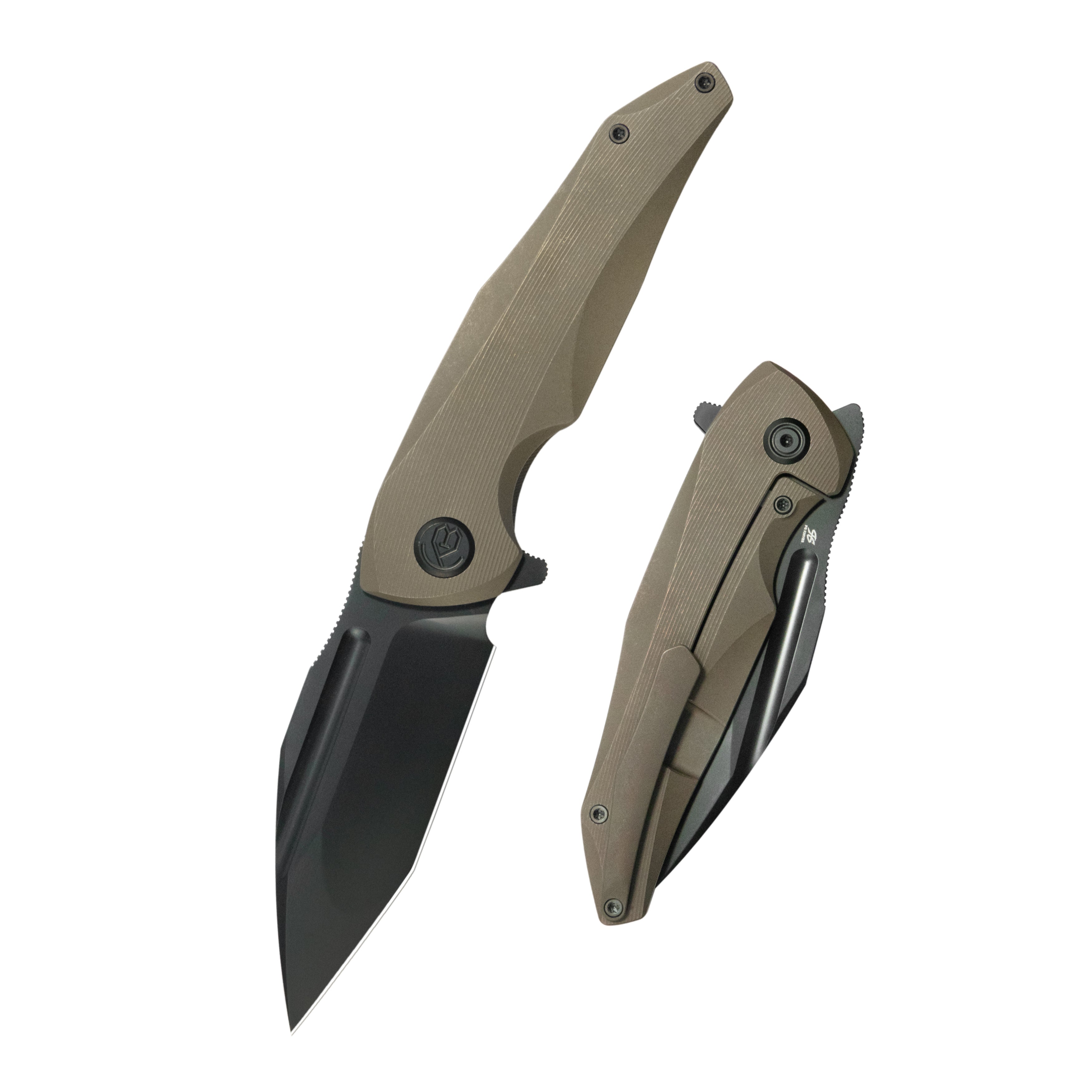 KB Navigator Tactical Folding Knife Flipper Bronze Contoured Ti Micro Milling 3.39" Tanto DLC M390 Blade KB458C