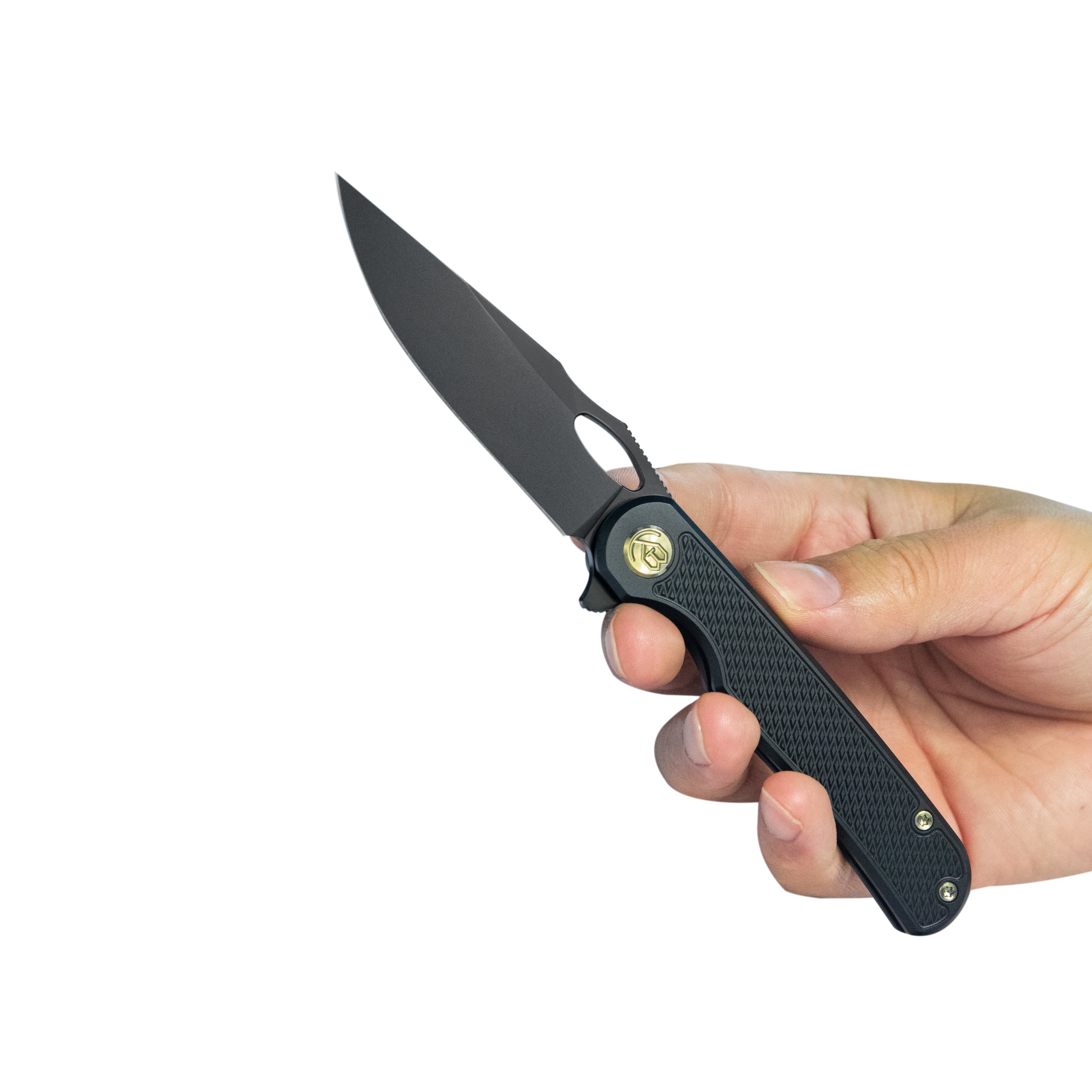 KB Hydro Folding Knife Black Titanium w/ Diamond Milling Handle 3.15" Regular DLC M390 Blade KB323B