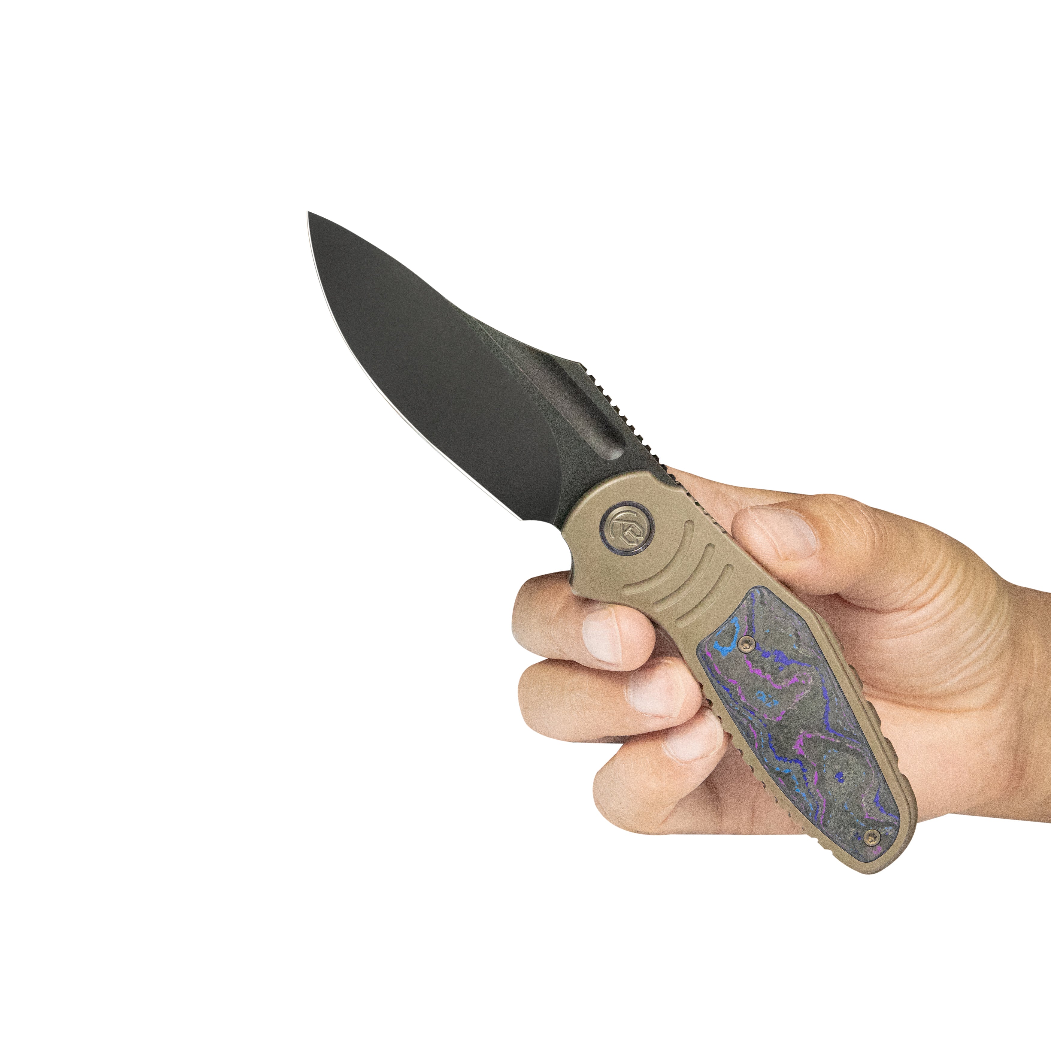 KB Stroller Folding Knife Bronze Titanium/CF Inlays Handle 3.35" Blackwash CPM 20CV Blade KB384C