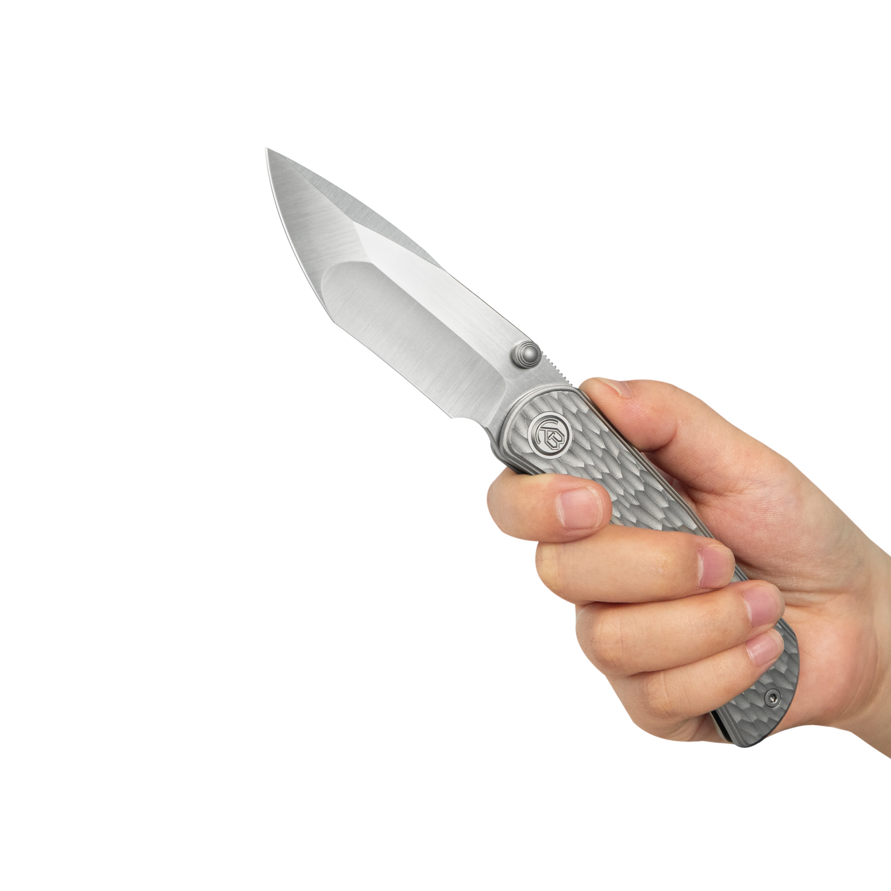 KB Folklore Folding Knife Sandblast Titanium w/ Jigged Pattern Milling Handle 3.42'' Belt Satin M390 Blade KB444A