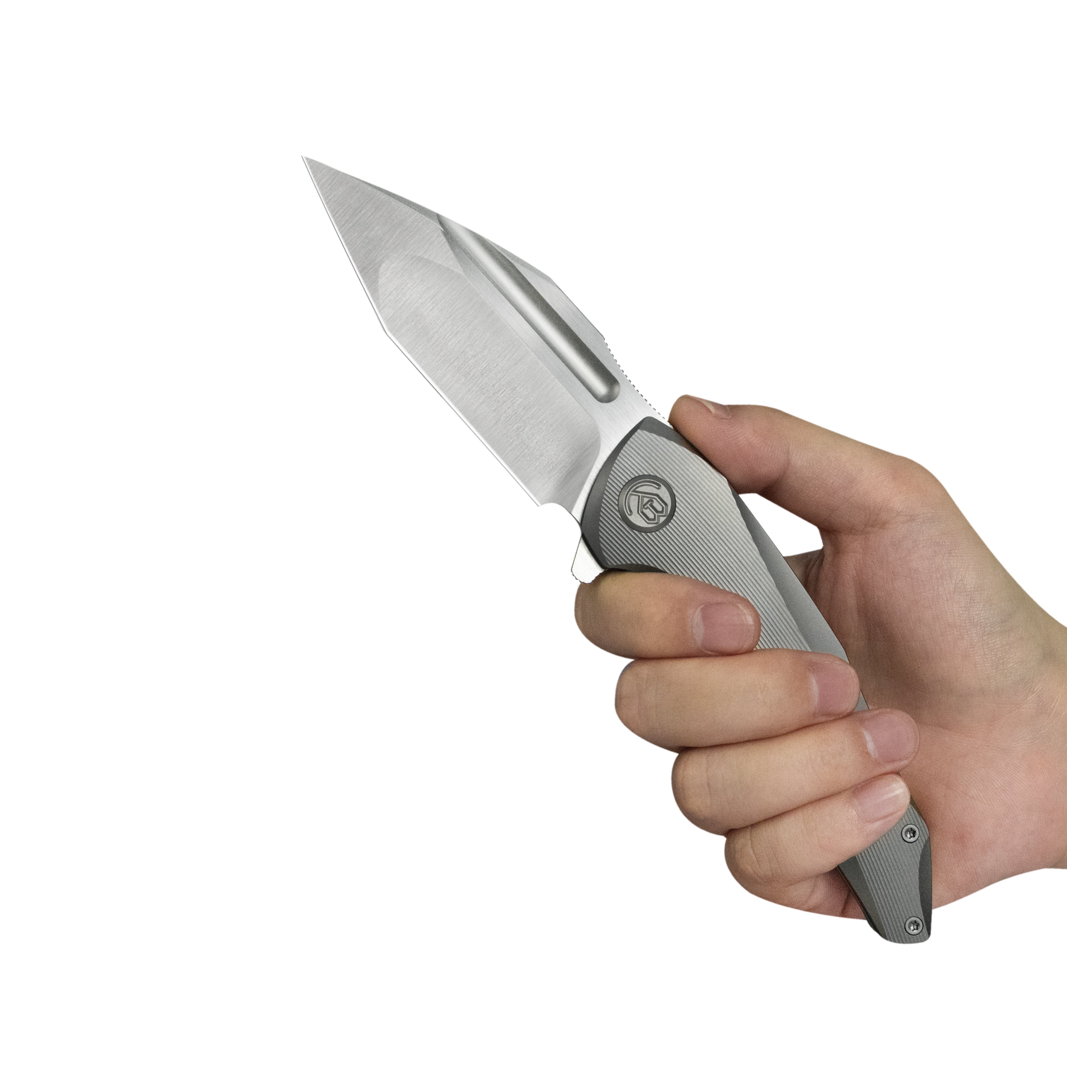 KB Navigator Tactical Folding Knife Flipper Gray Contoured Ti Micro Milling 3.39" Satin M390 Blade KB458A