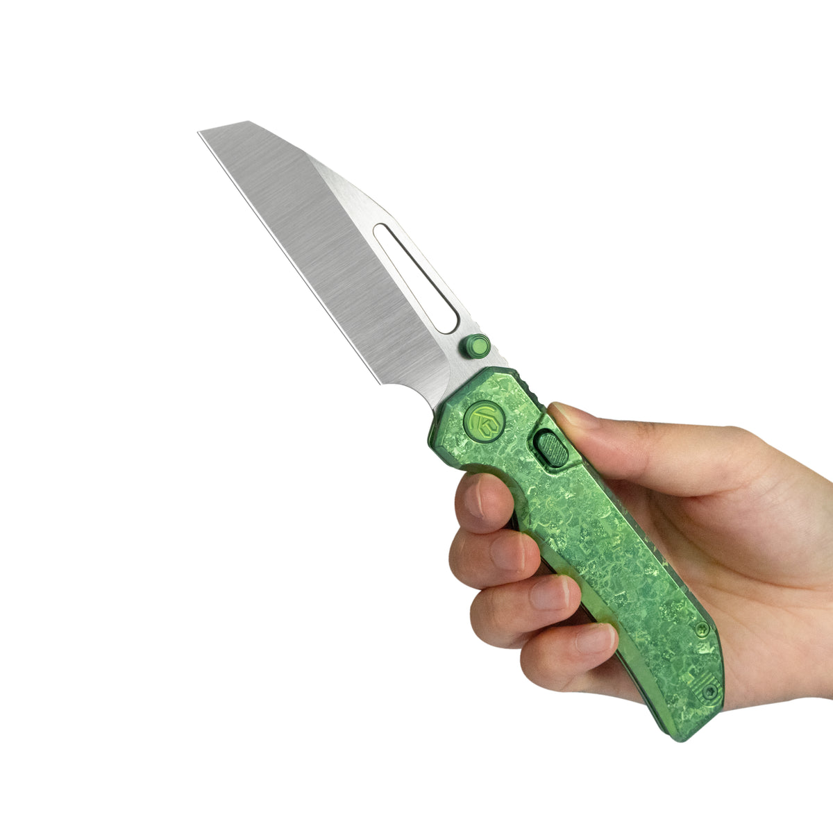 KB Venom Top Liner Lock Pocket Folding Knife Green Ano Crystal Ti 3.46" Belt Satin CPM S90V Blade KB435F