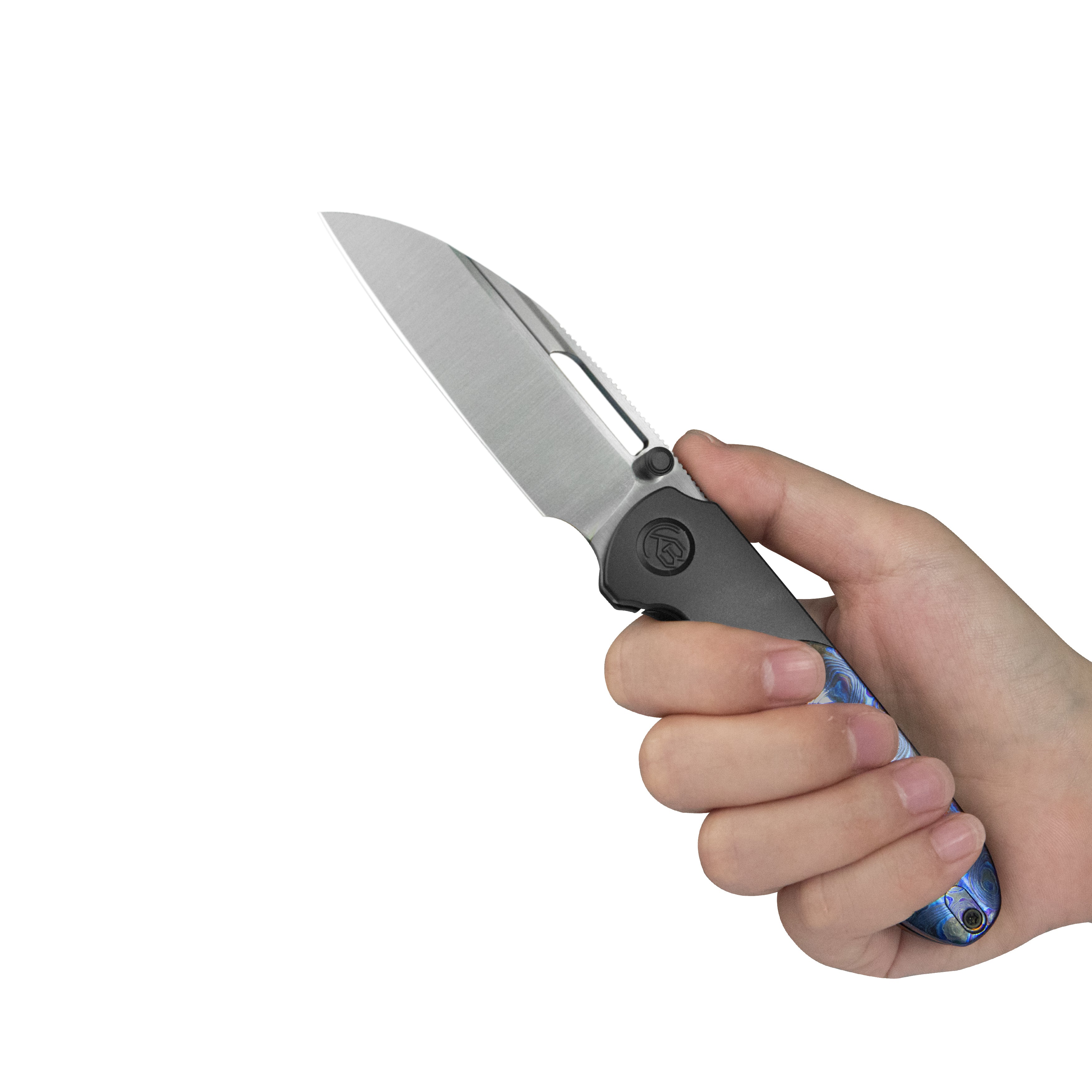 KB Icicle Pocket Folding Knife Frame Lock DLC Titanium with Zircuti Inlays 3.50" Belt Satin M390 Blade KB432C