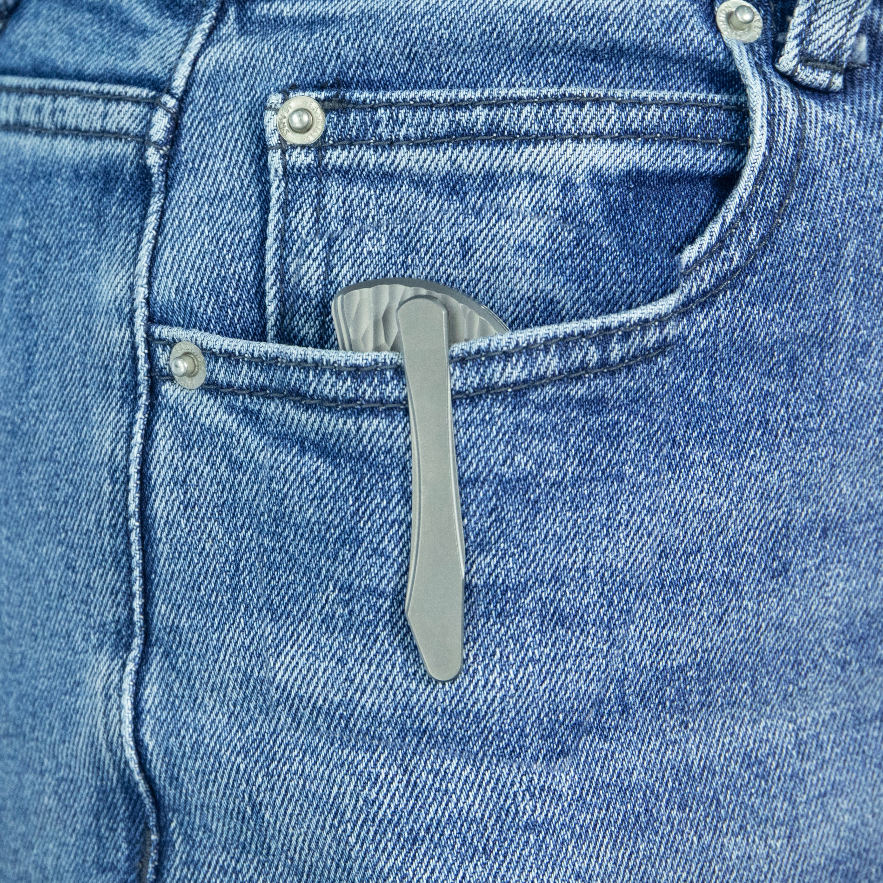 KB Folklore Folding Knife Sandblast Titanium w/ Jigged Pattern Milling Handle 3.42'' Belt Satin M390 Blade KB444A