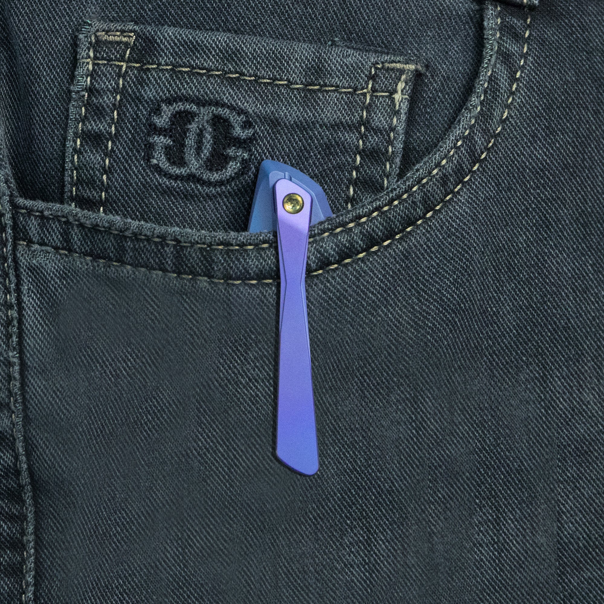 KB Nova Reverse Tanto Frame Locking Folding Knife Blurple Titanium Handle 3.66" Belt Satin M390 Blade KB495C