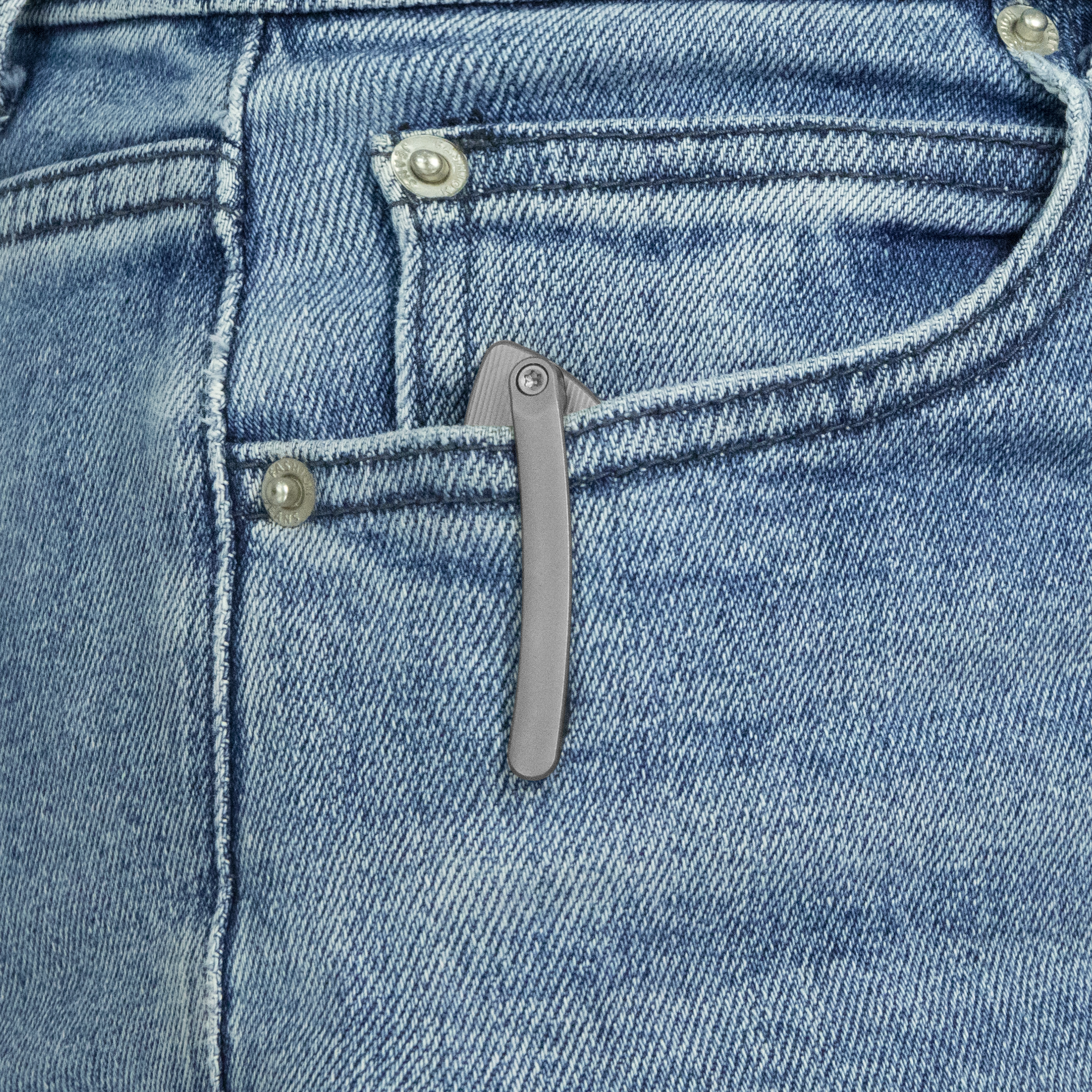 KB Stingray Button Lock Folding Knife Gray Titanium Handle 3.07" Clip Point Bead Blasted M390 Blade KB264A