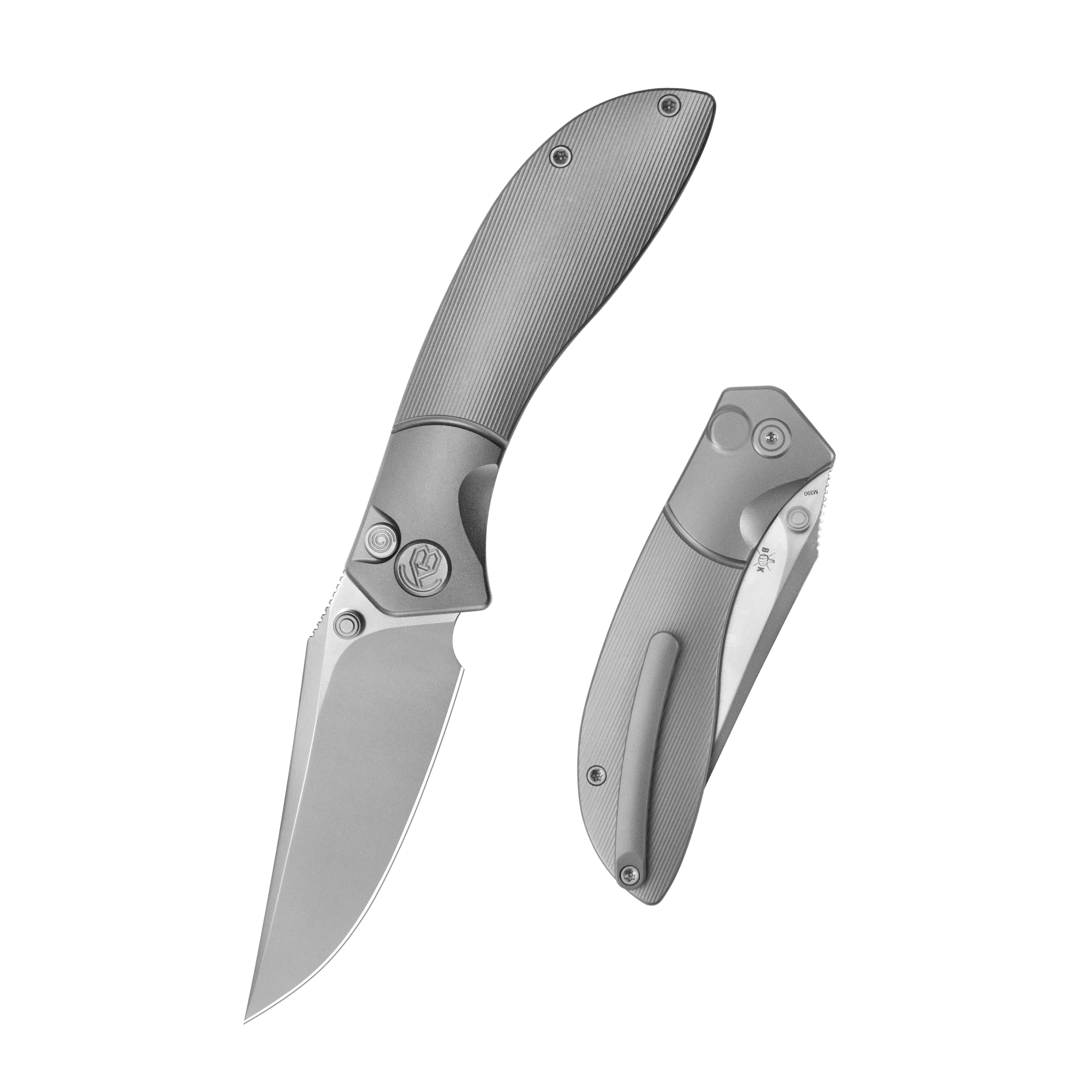 KB Stingray Button Lock Folding Knife Gray Titanium Handle 3.07" Clip Point Bead Blasted M390 Blade KB264A
