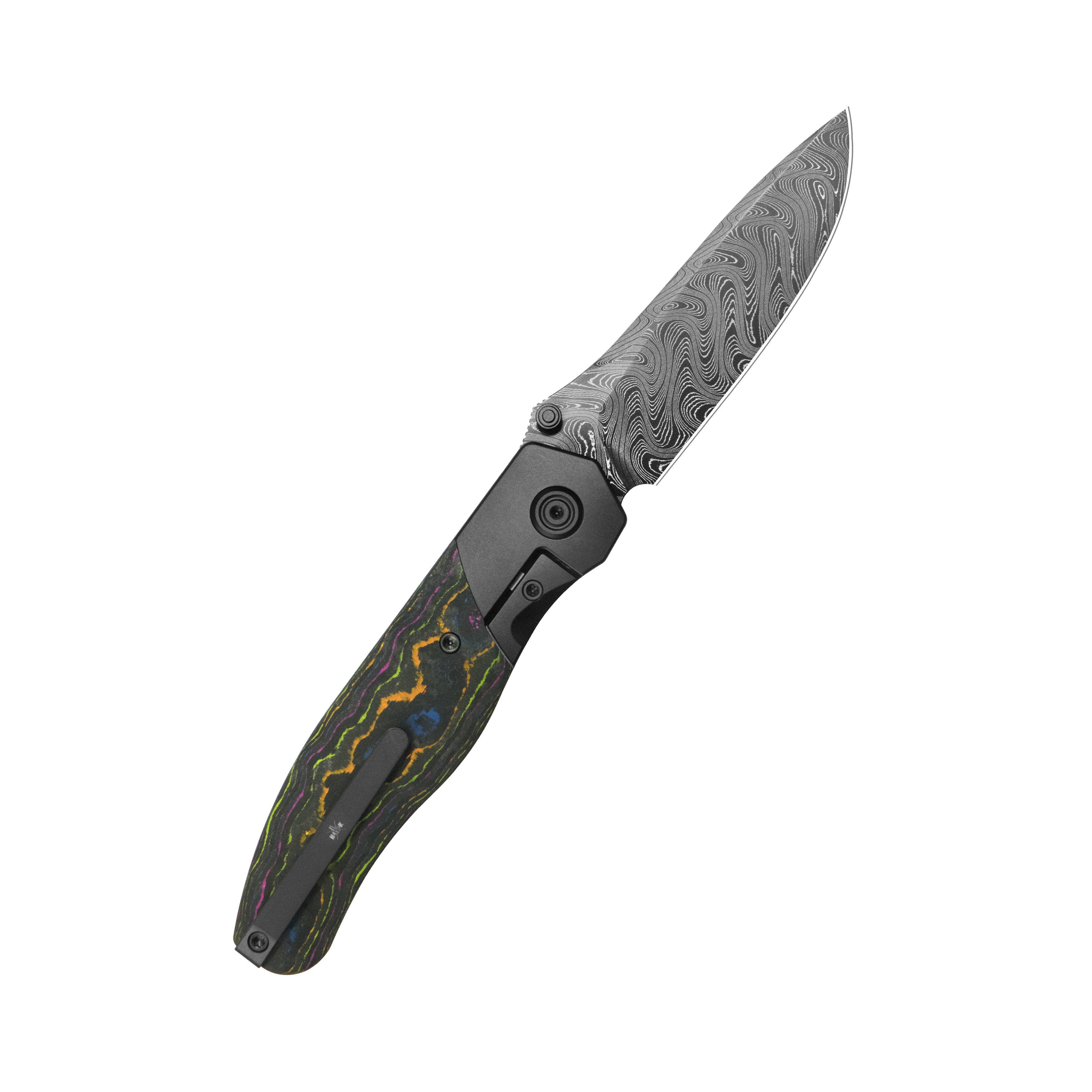 KB Velvet Snake Folding Knife DLC Titanium with 80‘s Camo Carbon inlay Handle 3.35'' Etched Nichols Damascus Blade KB266F