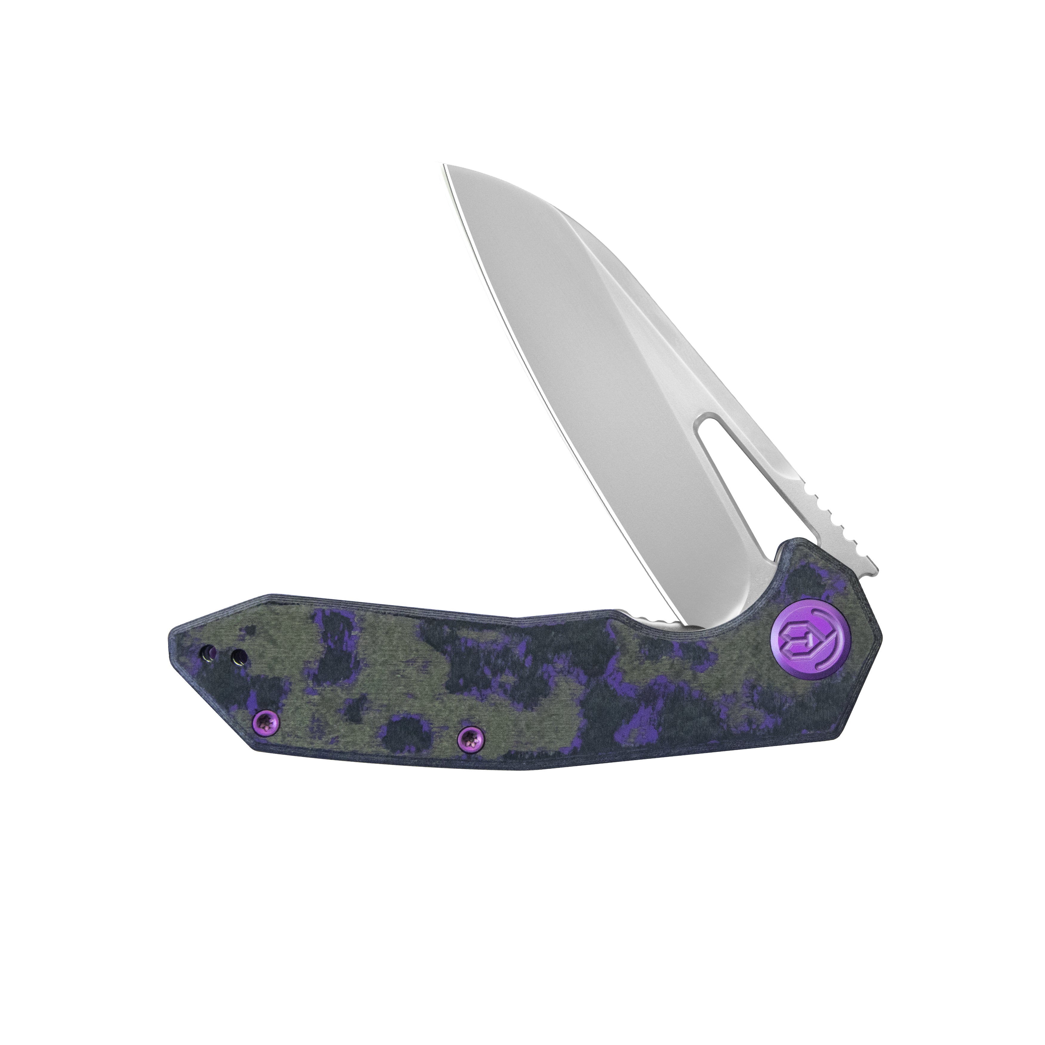 KB Vagrant Folding Knife Purple Flo Camo Carbon Handle 3.15" Silver Bead Blast M390 Blade KB291Z