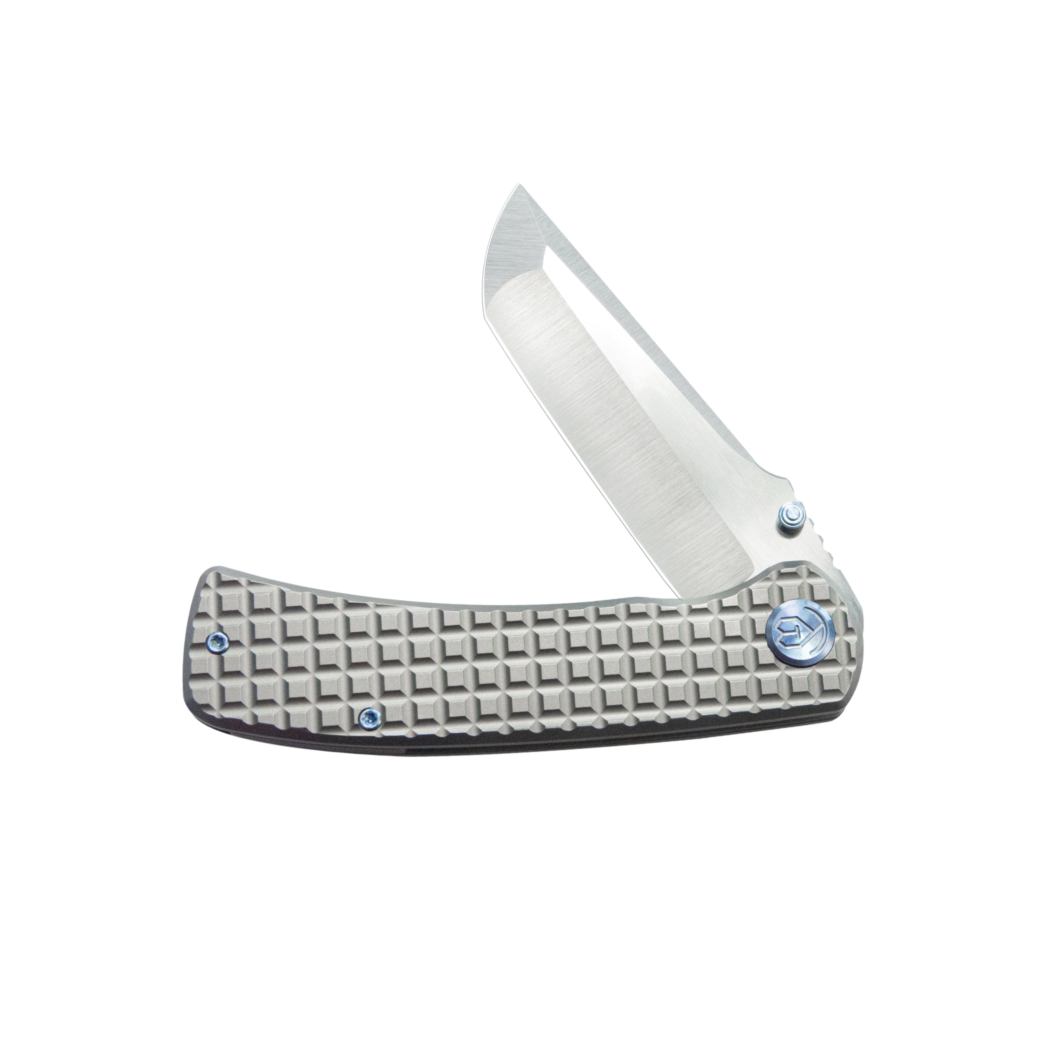 KB Interflow Folding Knife Gray Titanium with FRAG Milling Handle 3.50'' Belt Satin M390 Blade KB294A