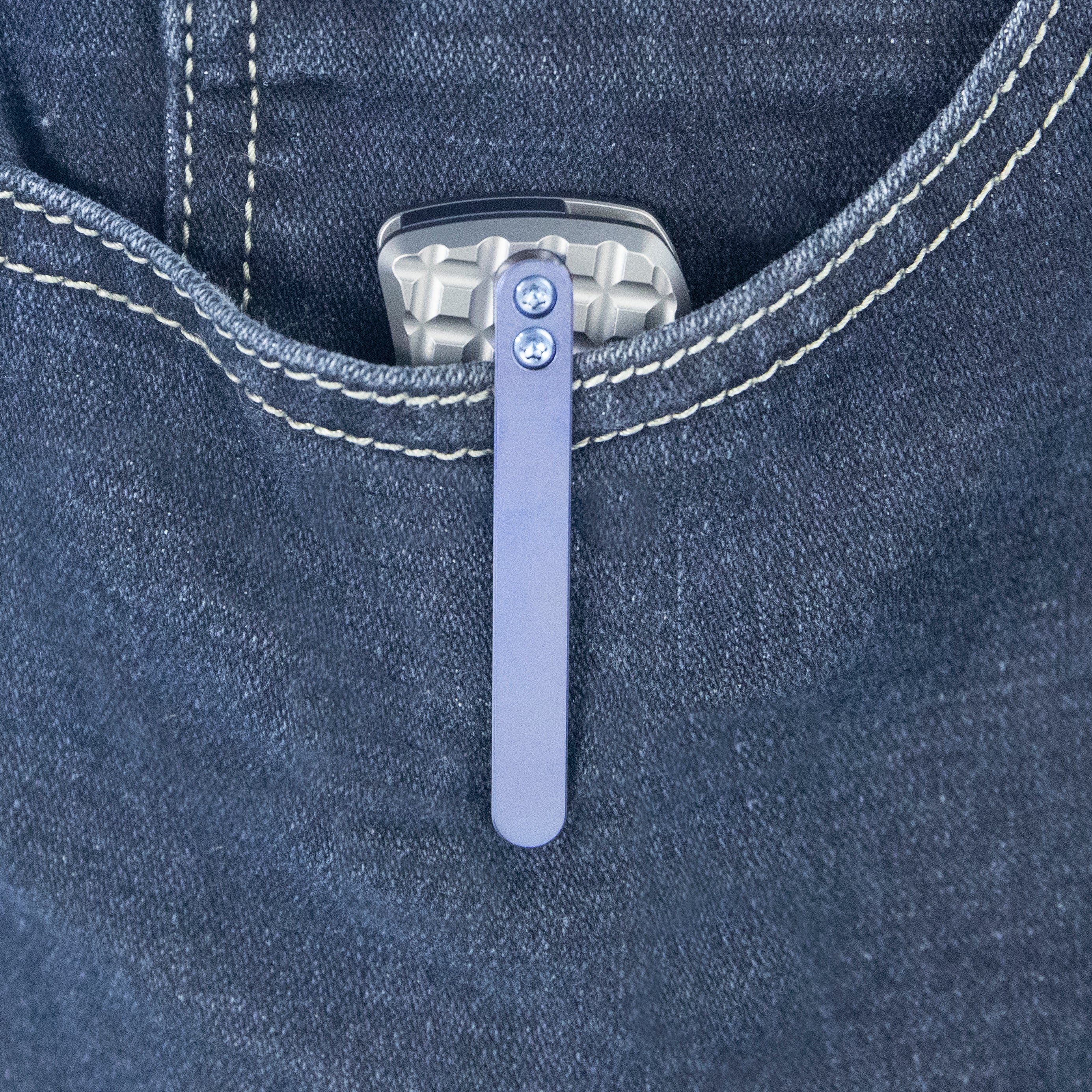 KB Interflow Folding Knife Gray Titanium with FRAG Milling Handle 3.50'' Belt Satin M390 Blade KB294A