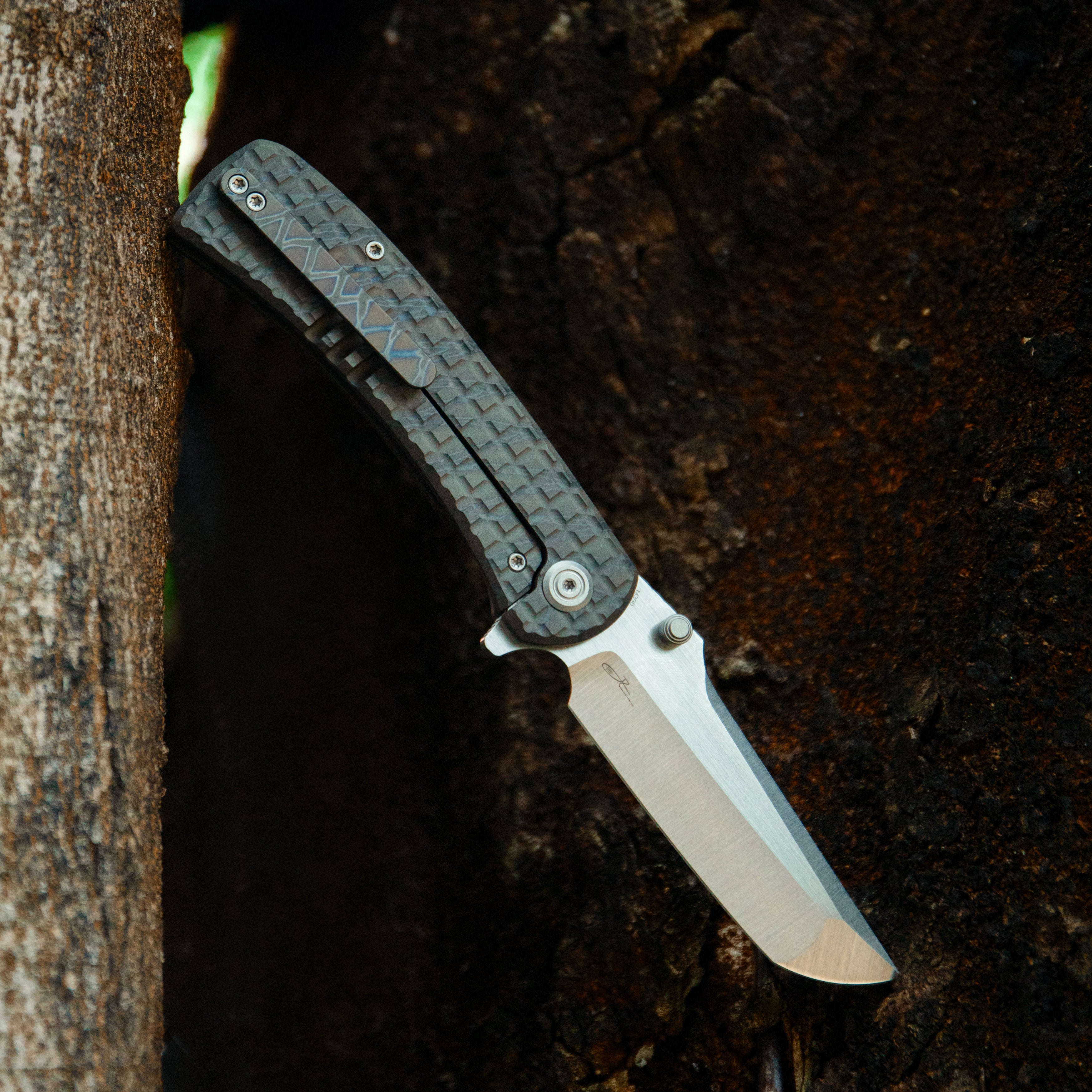 KB Interflow Folding Knife Gray Titanium with FRAG Milling Handle 3.50'' Belt Satin M390 Blade KB294A