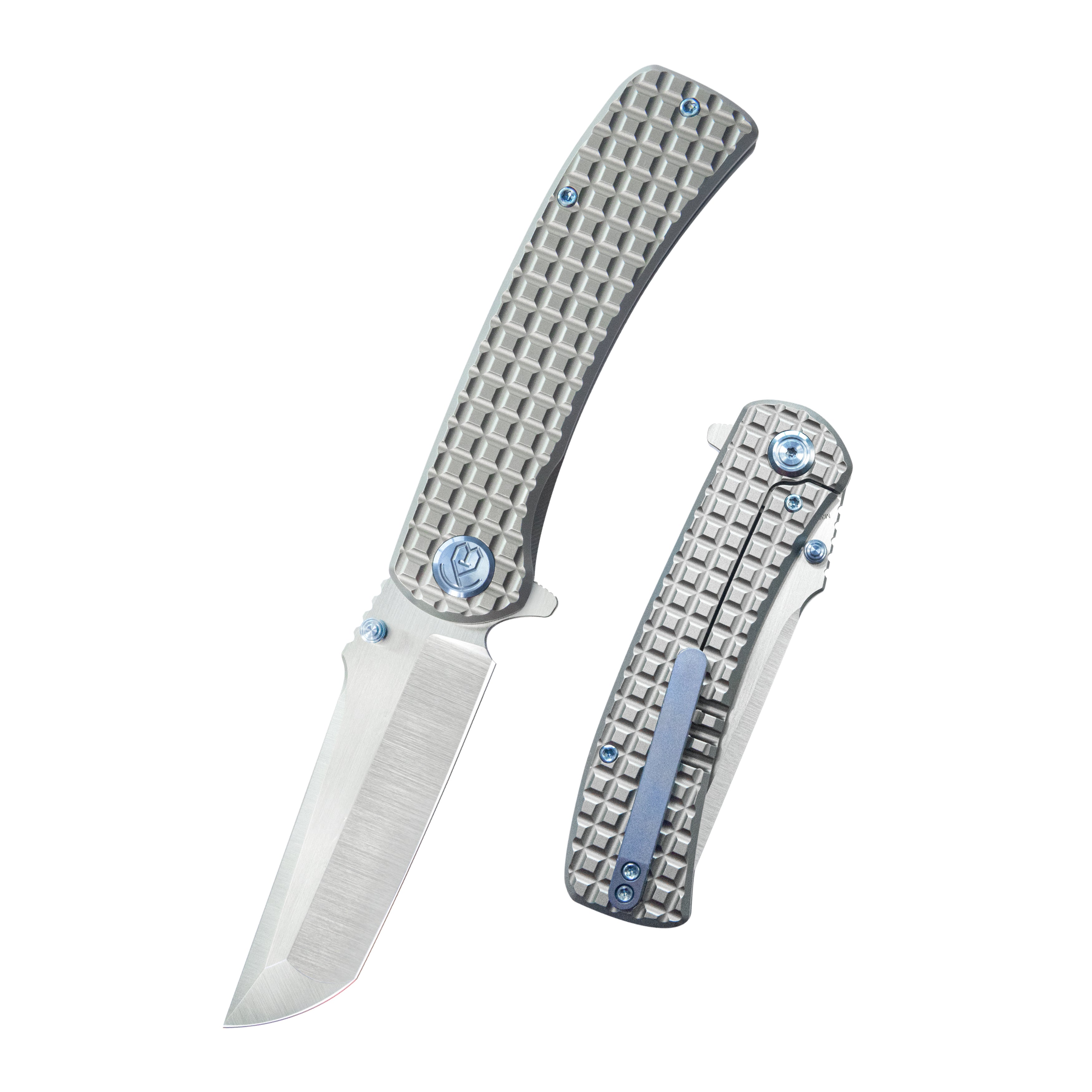 KB Interflow Folding Knife Gray Titanium with FRAG Milling Handle 3.50'' Belt Satin M390 Blade KB294A