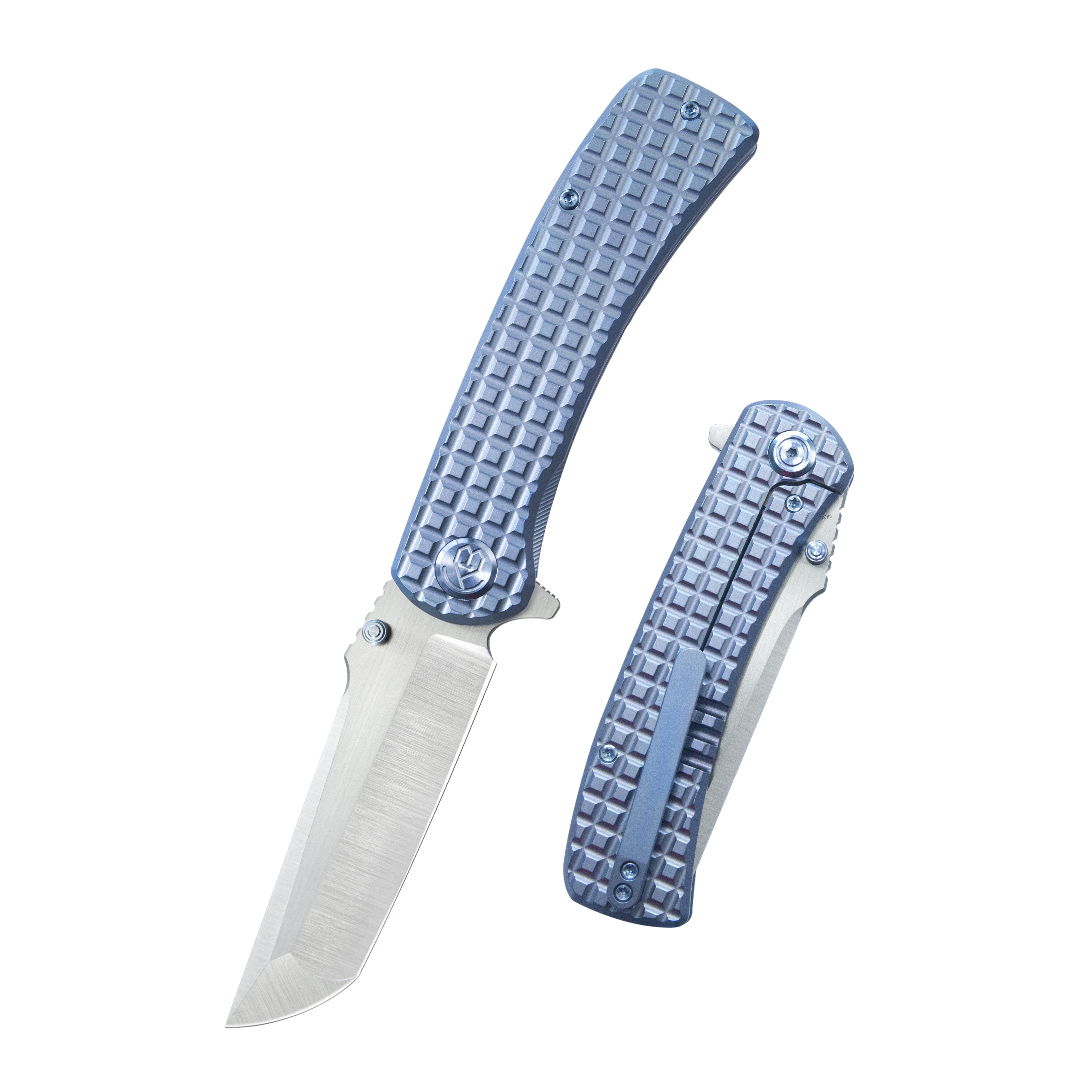 KB Interflow Folding Knife Folding Knife Blue Ano Titanium with FRAG Milling Handle 3.50" Belt Satin M390 Blade KB294B