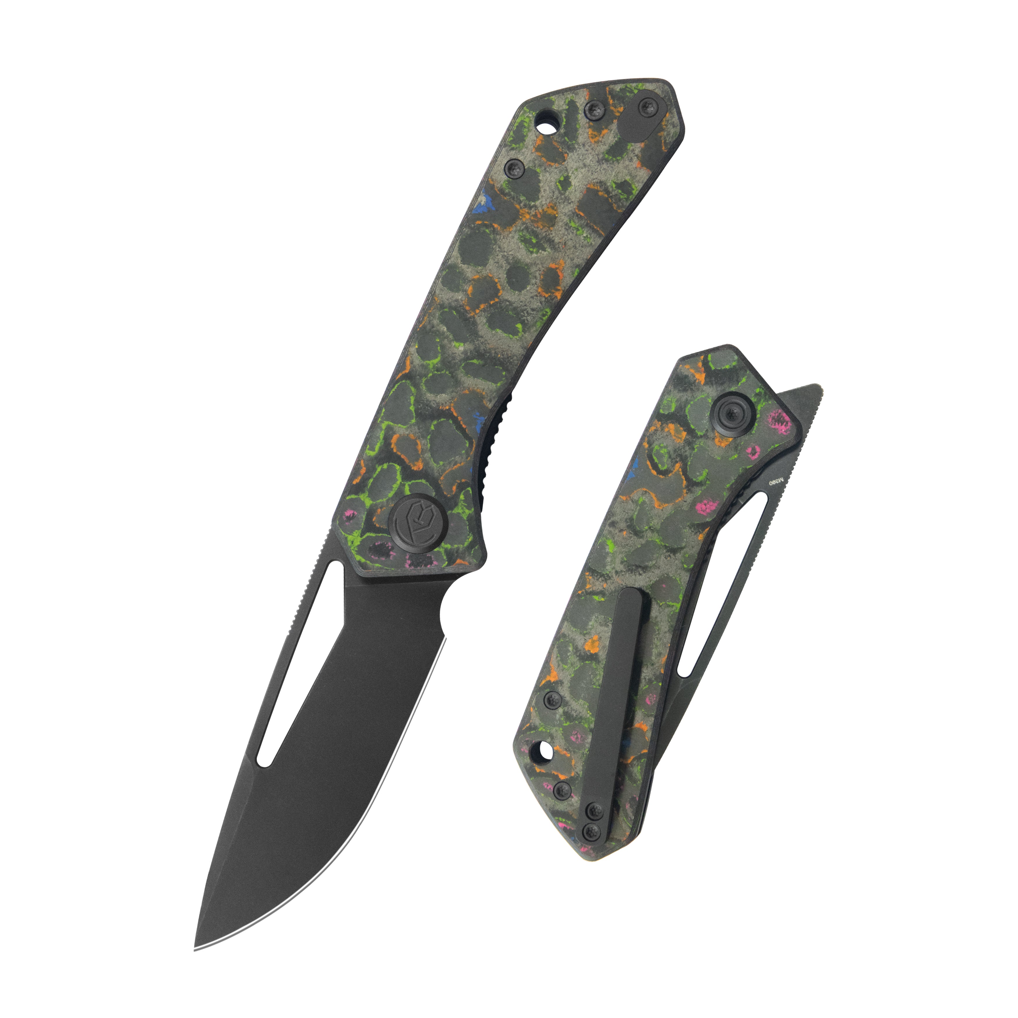 KB Thalia Pocket Folding Knife 80's Camo Carbon Handle 3.27'' Black PVD Stonewashing M390 Blade KB331A